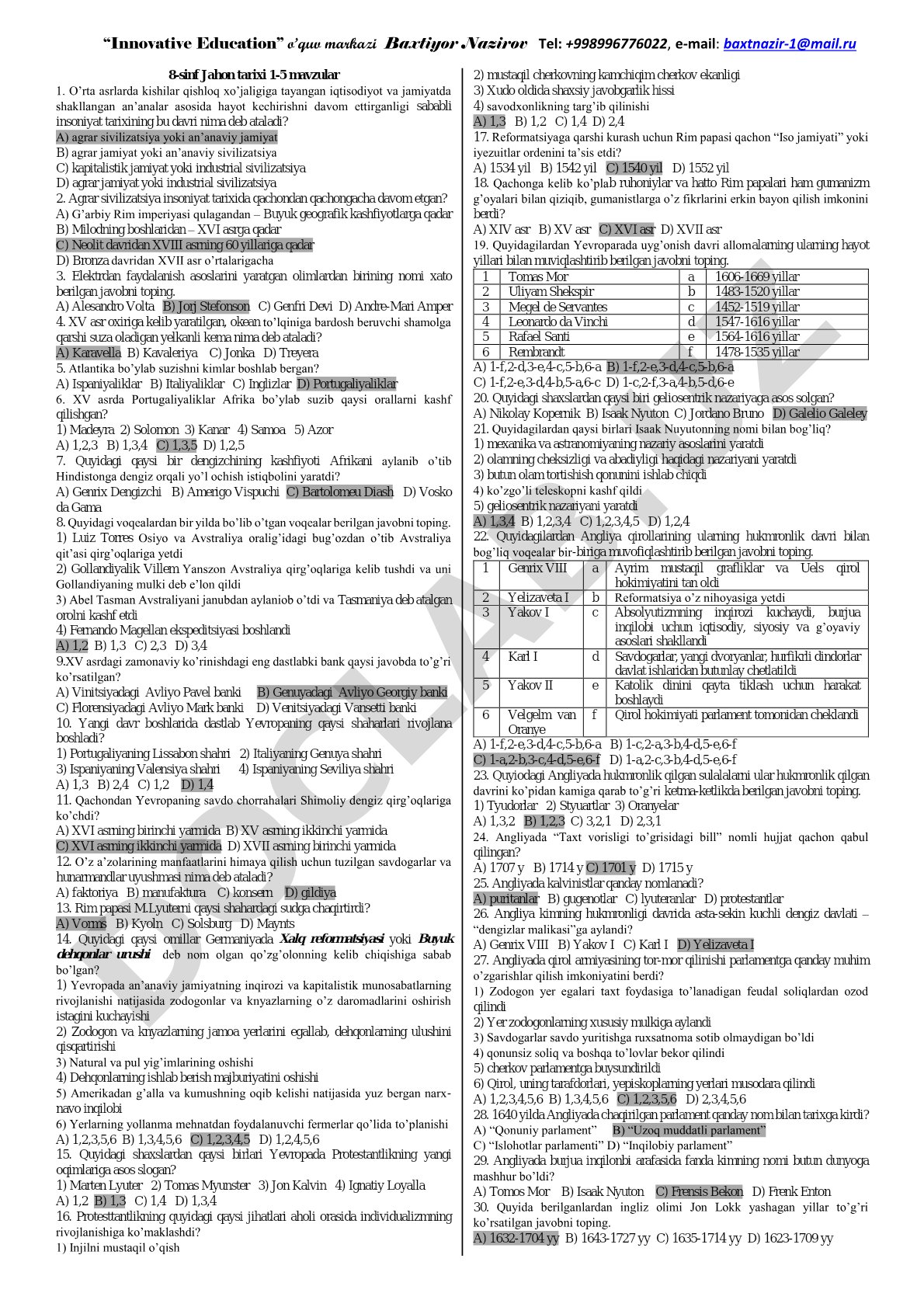 8-sinf Jahon tarixi 1-5 mavzular test savollari
