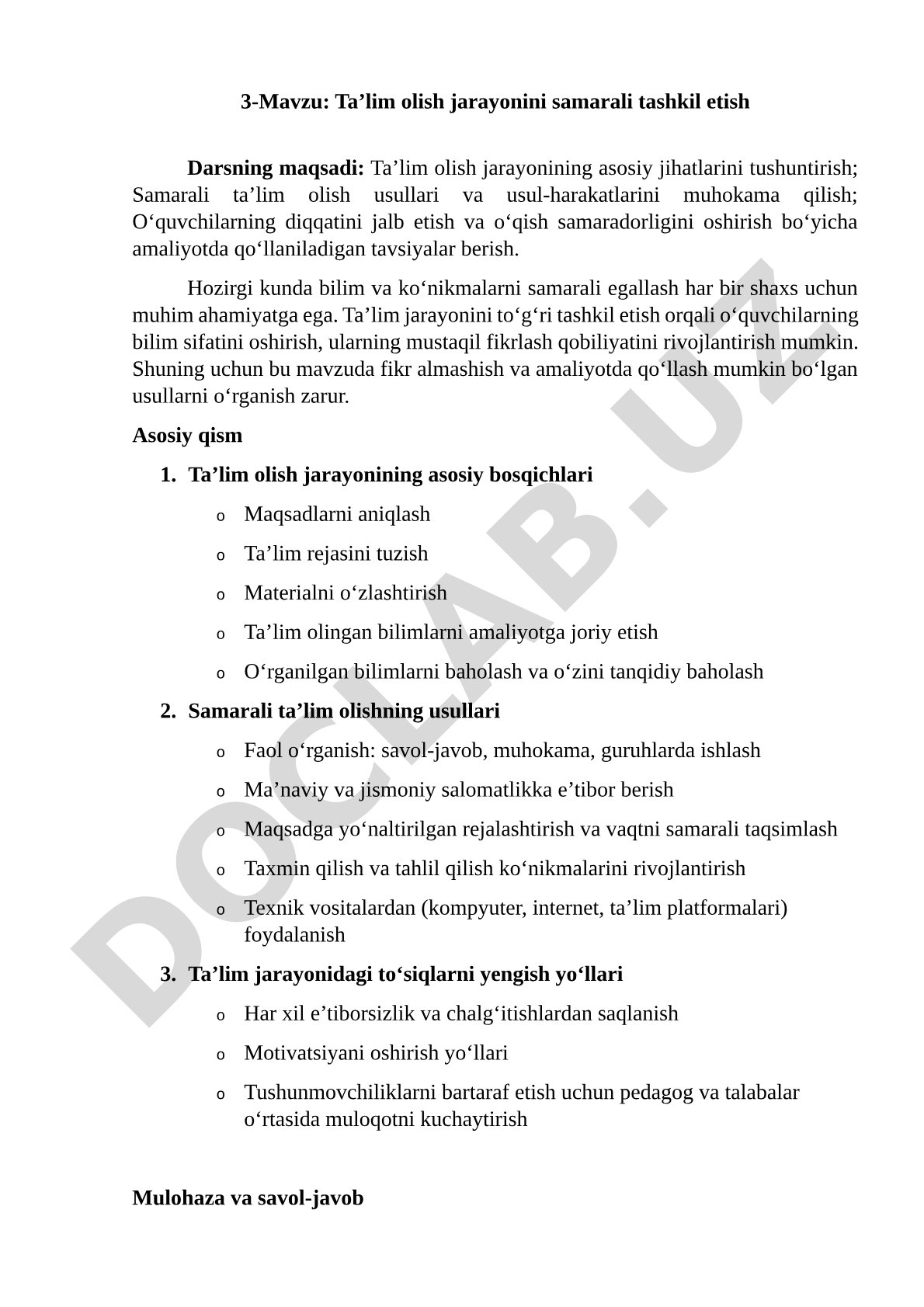 Ta’lim olish jarayonini samarali tashkil etish