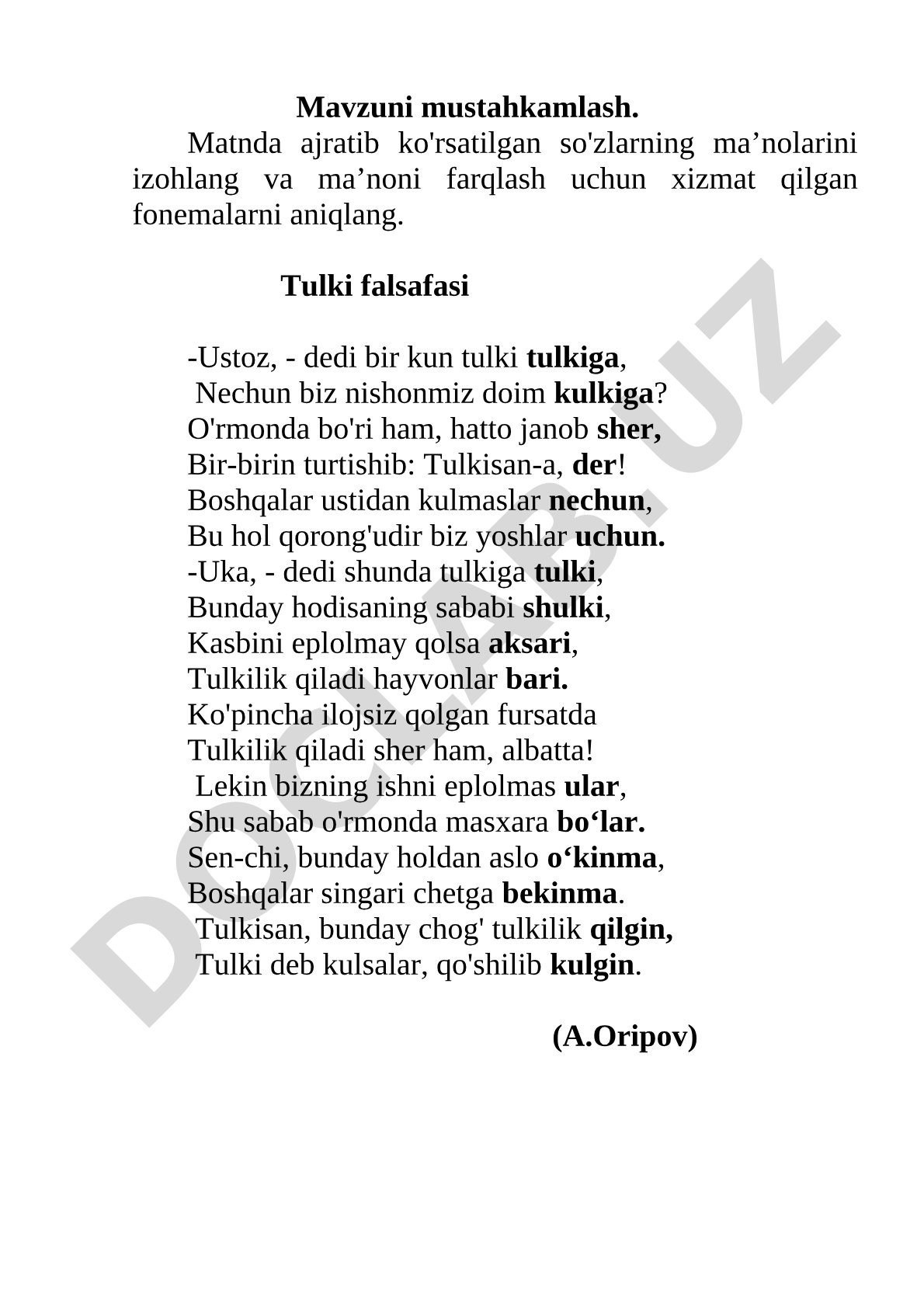 Tulki falsafasi asosida so'z ma'nosi va fonemalarni aniqlash mashqi