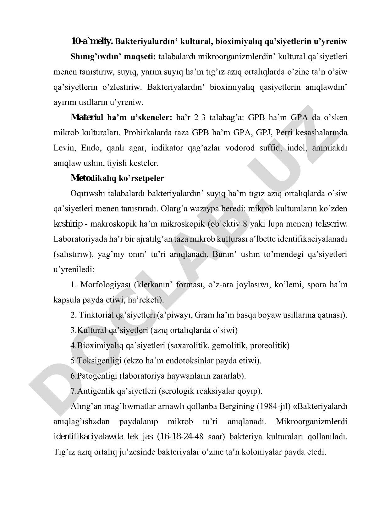 Bakteriyalardın’ kultural, bioximiyalıq qa’siyetlerin u’yreniw