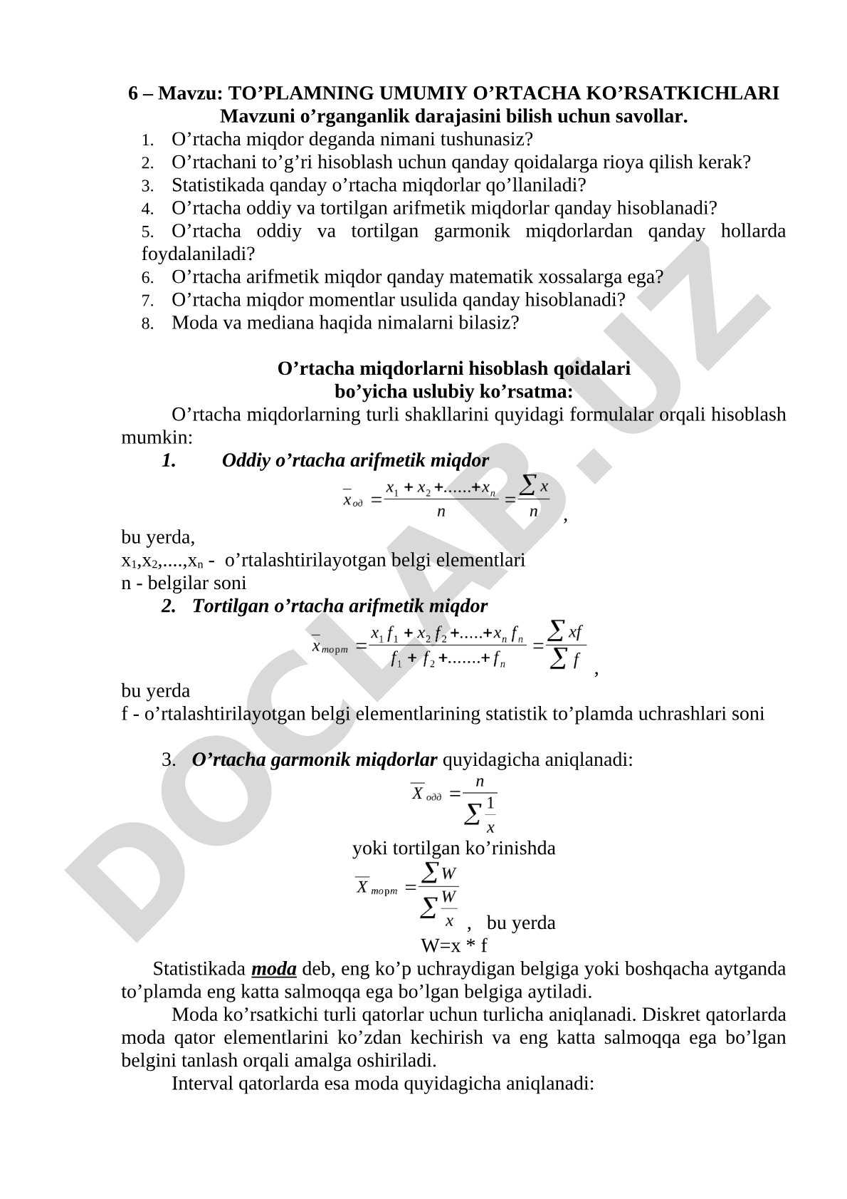 To'plamning umumiy o'rtacha ko'rsatkichlari