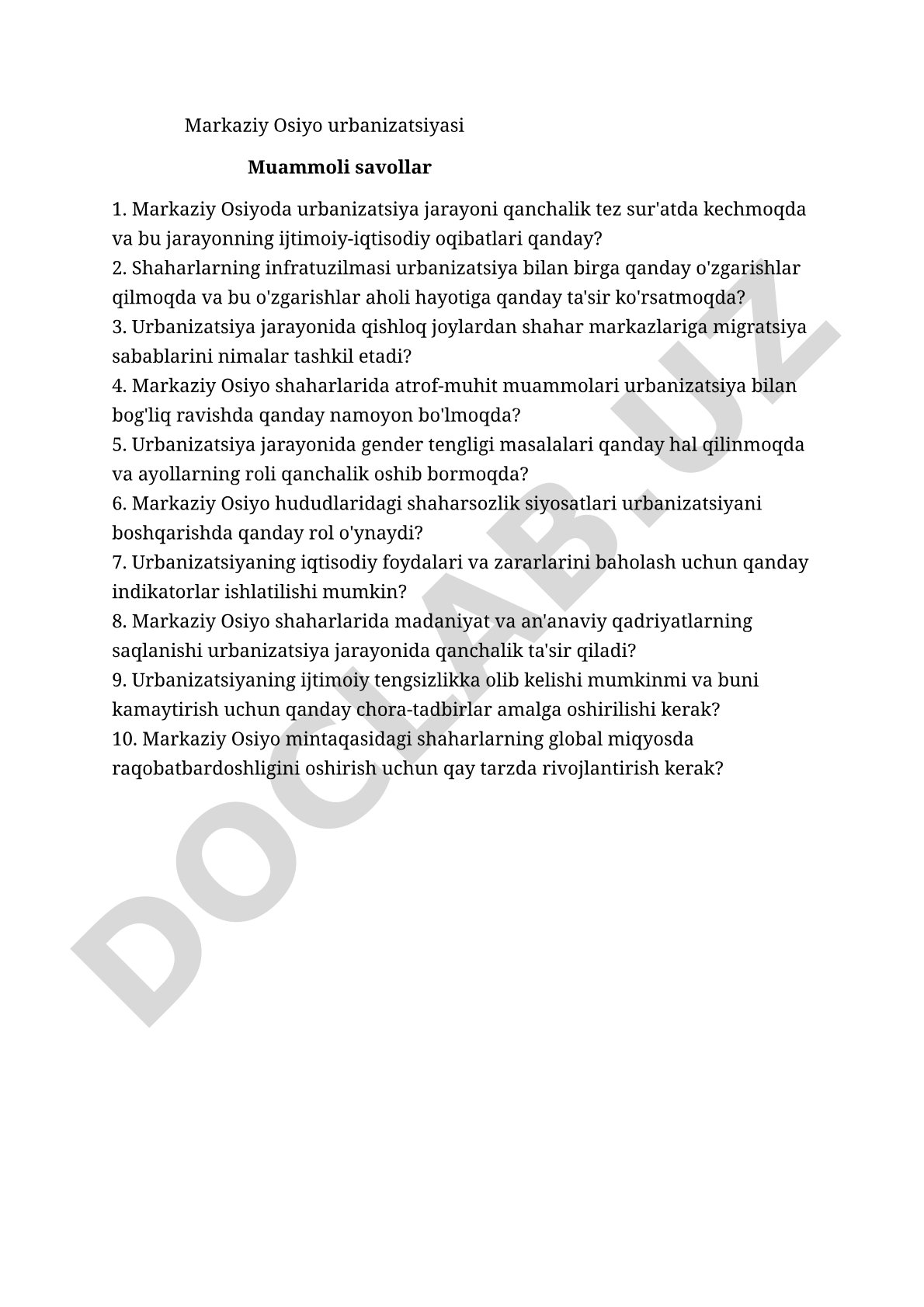 Markaziy Osiyo urbanizatsiyasi muammoli savollar