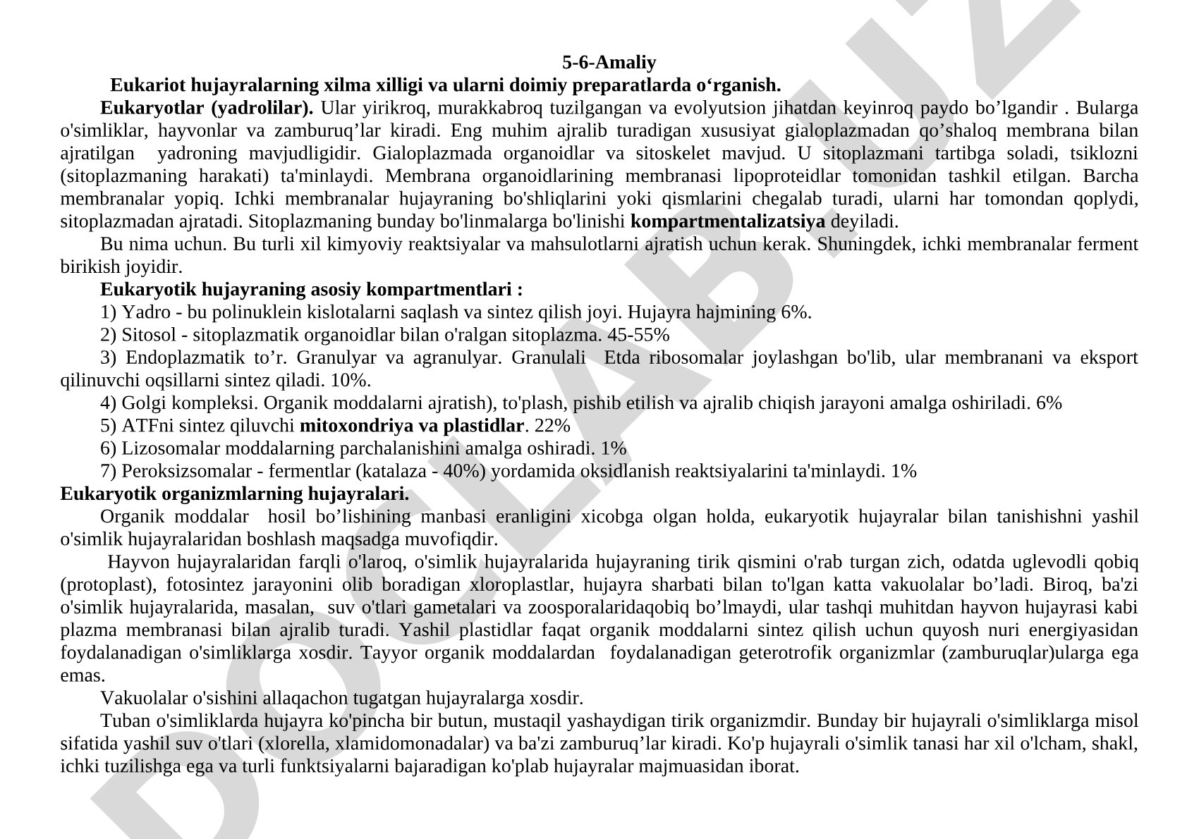 Eukariot hujayralarning xilma-xilligi va ularni doimiy preparatlarda o'rganish