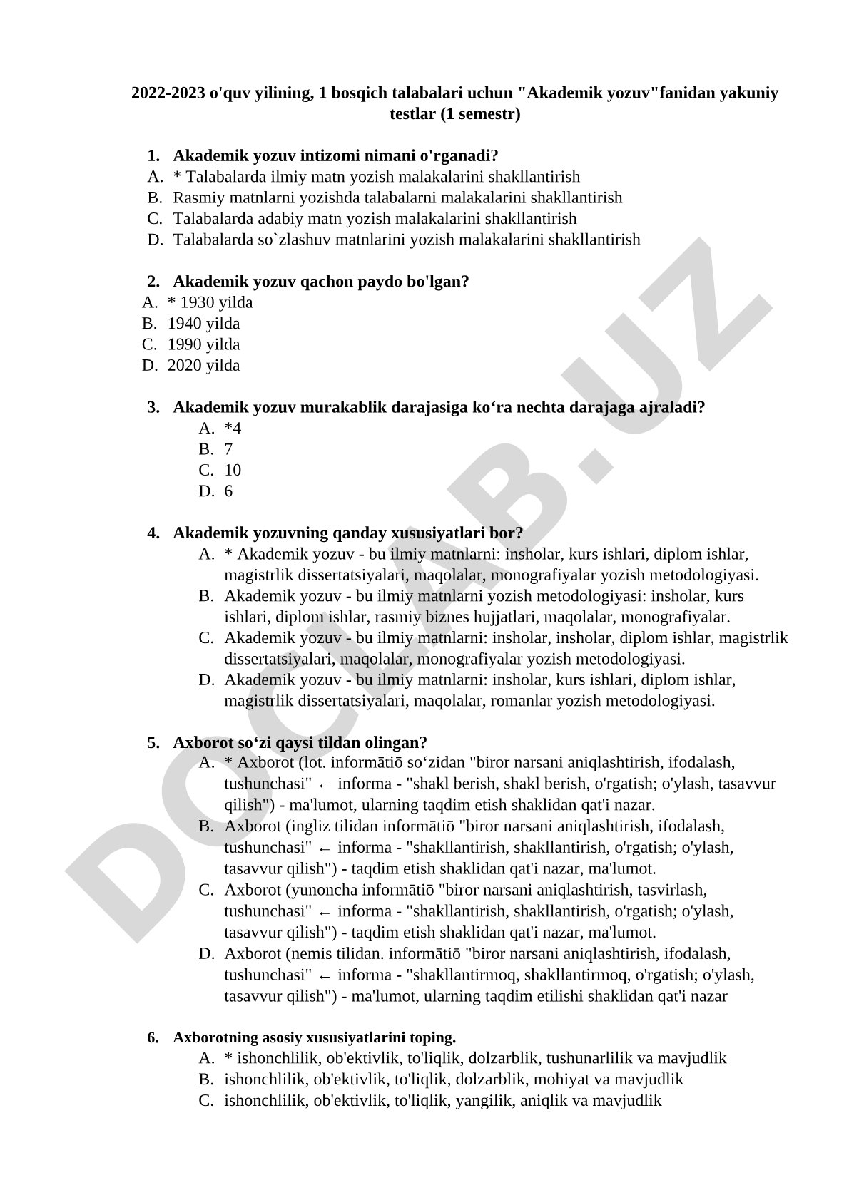 Akademik yozuv fanidan yakuniy testlar