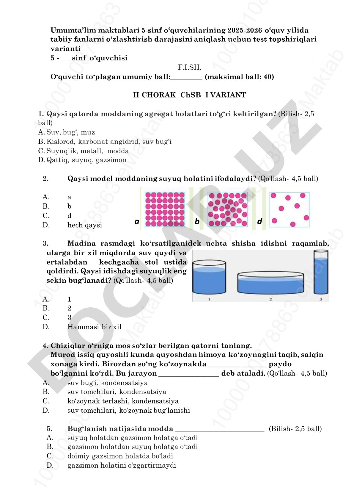 Tabiiy fanlar bo‘yicha 5-sinf test topshiriqlari (2025-2026 o‘quv yili, II chorak)