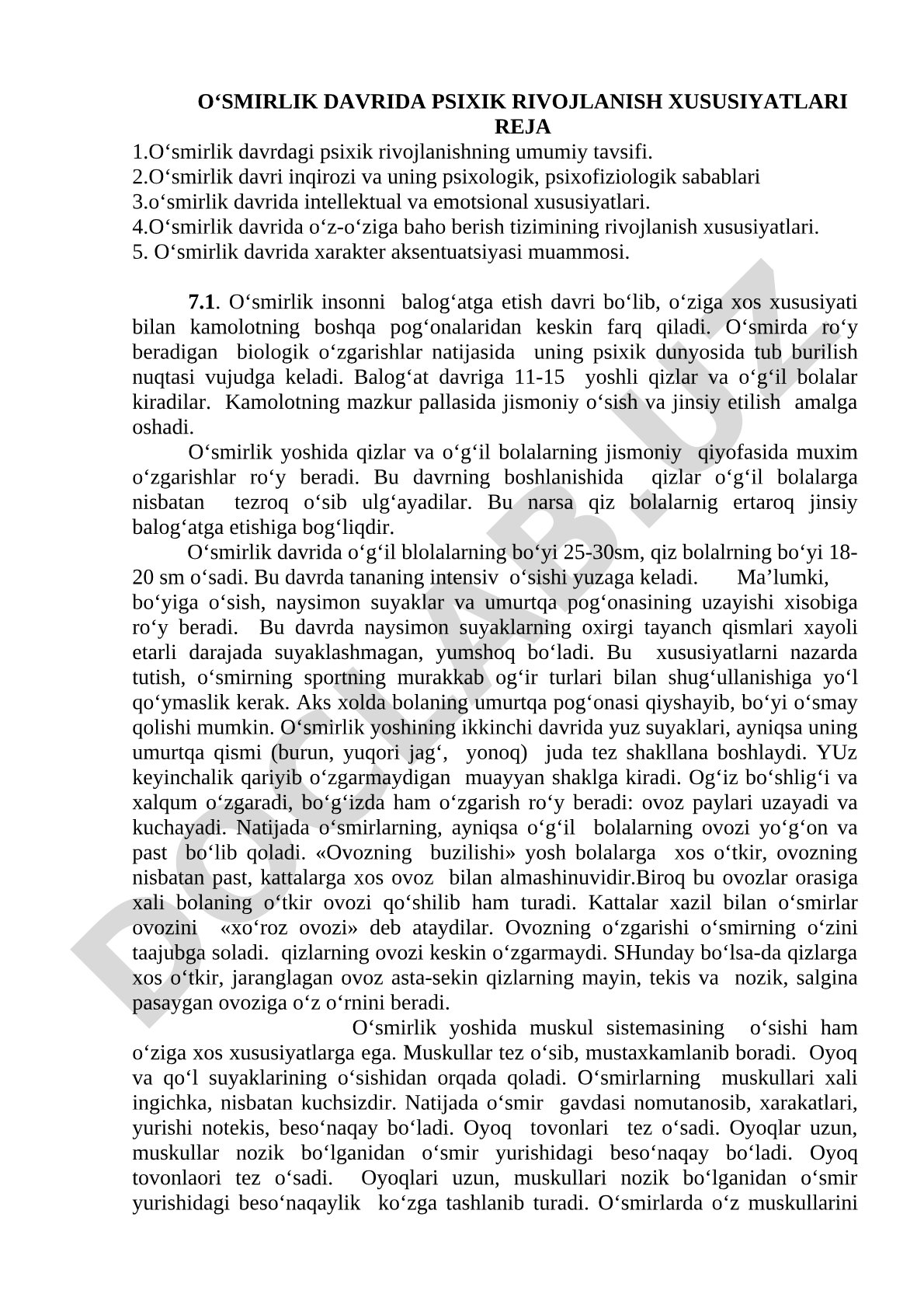 O'smirlik davrida psixik rivojlanish xususiyatlari