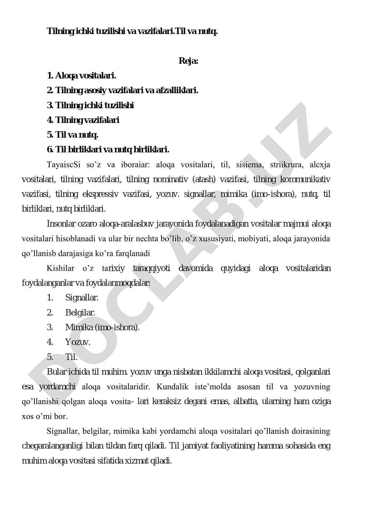 Tilning ichki tuzilishi va vazifalari. Til va nutq.