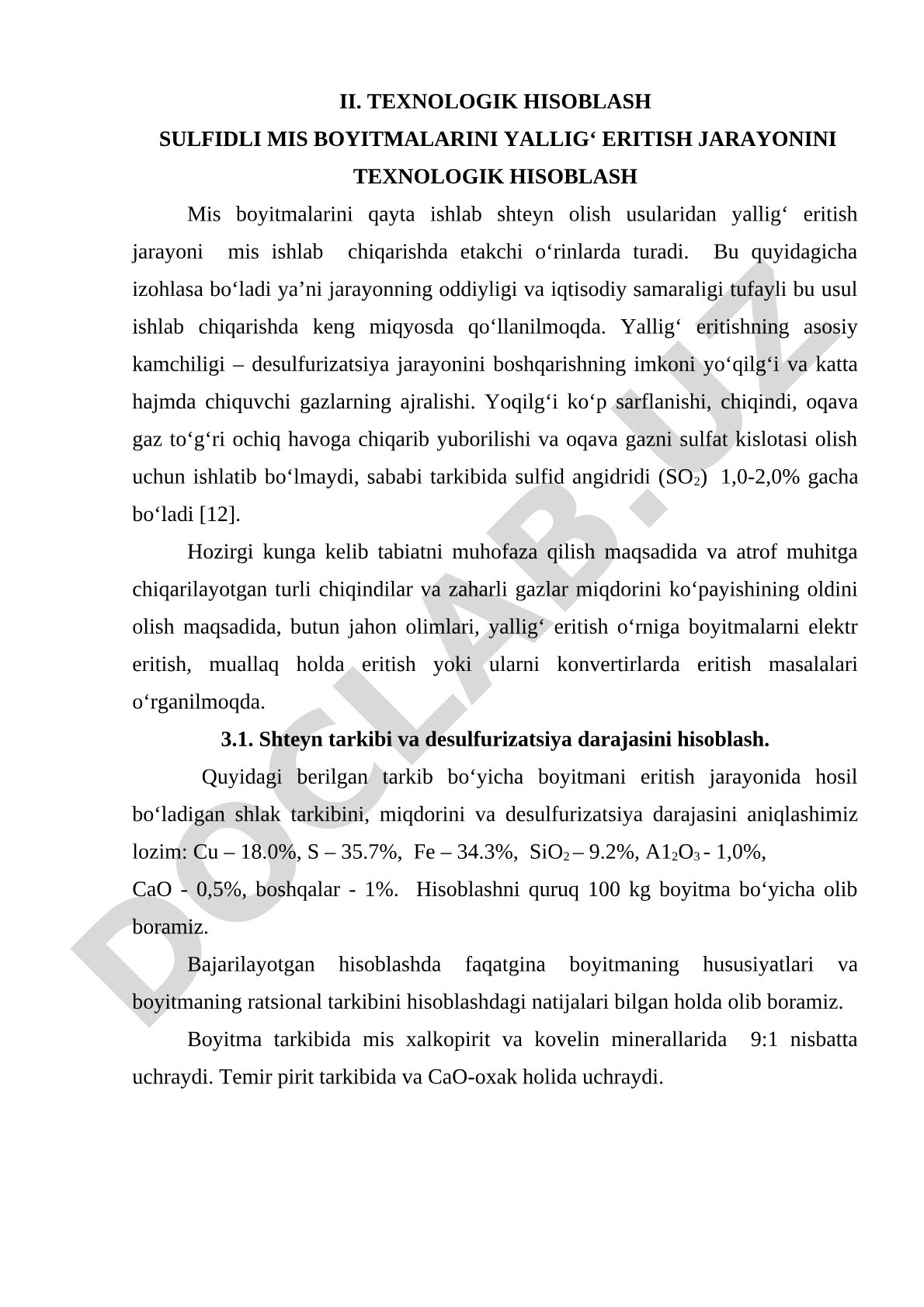 Sulfidli mis boyitmalarini yallig' eritish jarayonini texnologik hisoblash