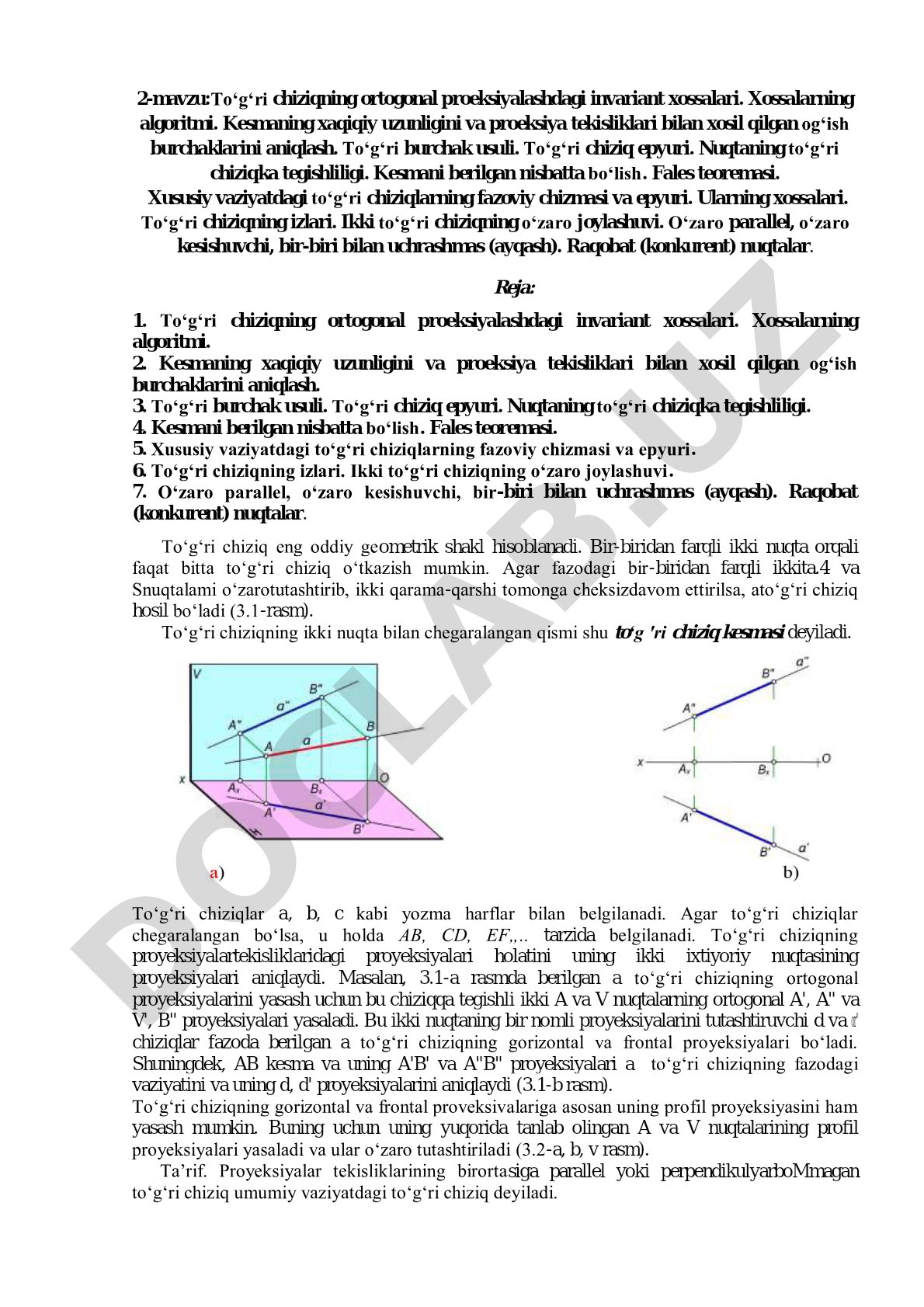 To‘g‘ri chiziqning ortogonal proeksiyalashdagi invariant xossalari