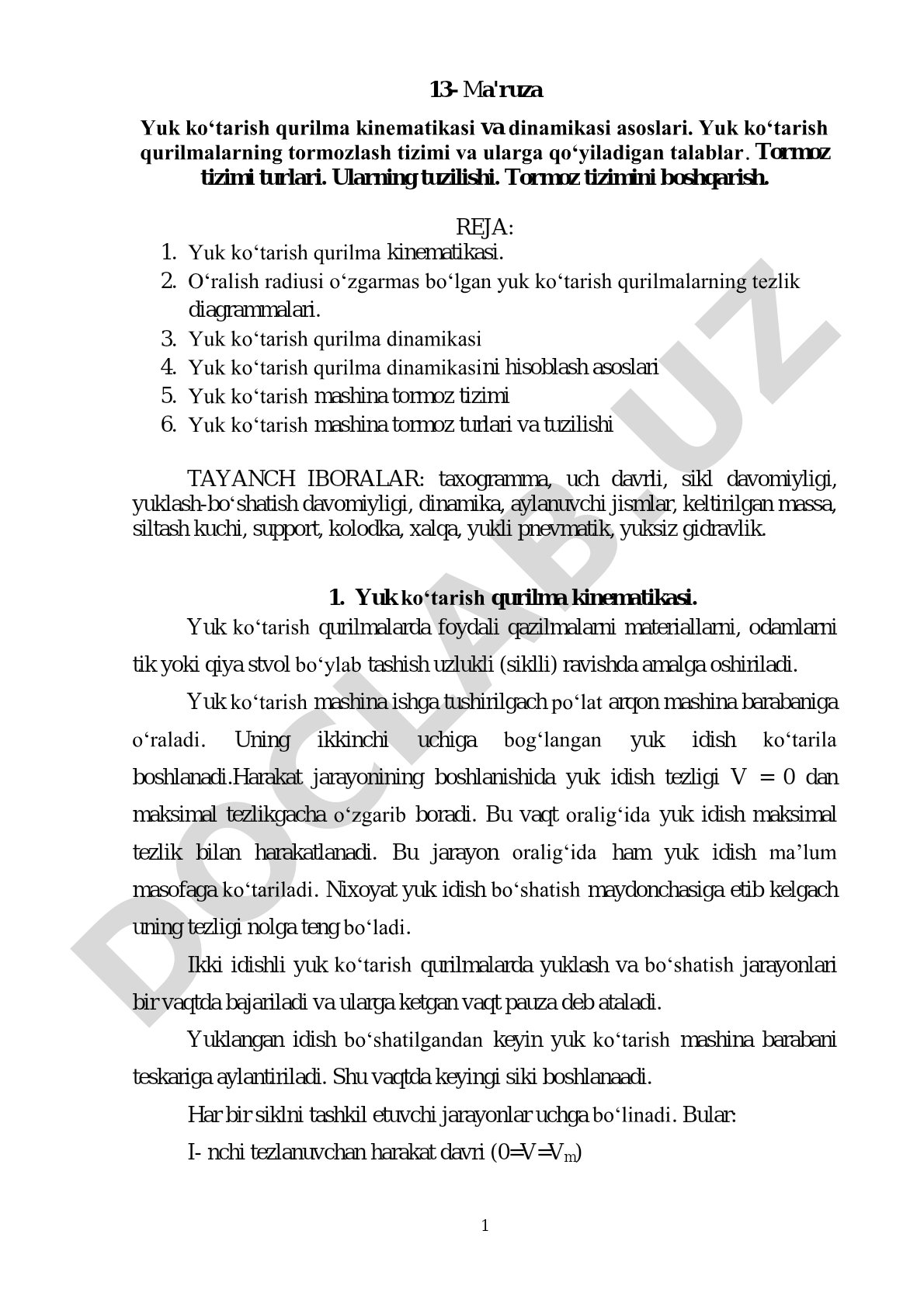Yuk ko‘tarish qurilma kinematikasi va dinamikasi asoslari