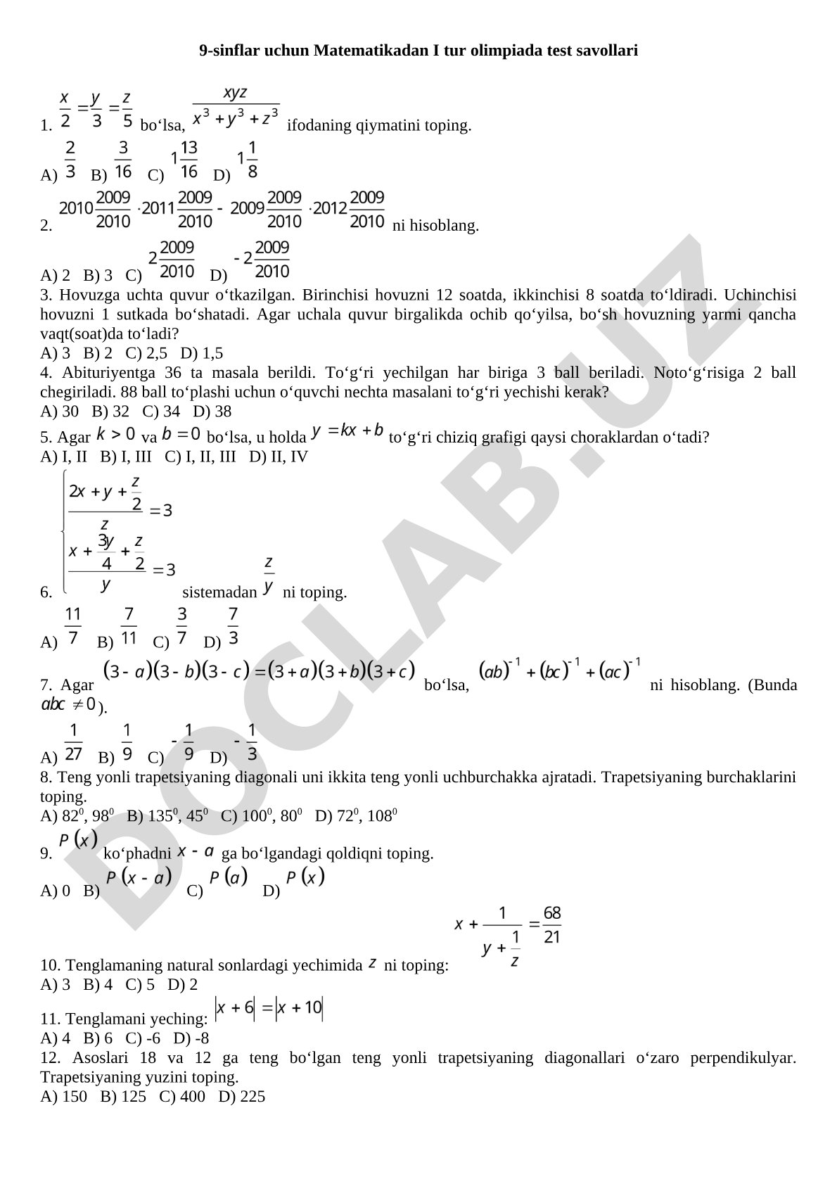 9-sinflar uchun Matematikadan I tur olimpiada test savollari