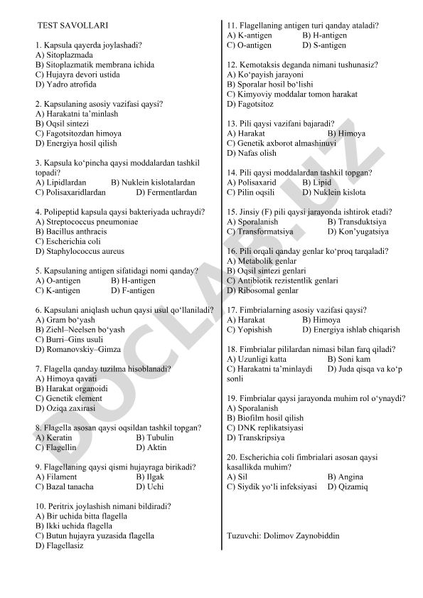 Bakteriyalar kapsulasi va flagellasi test savollari