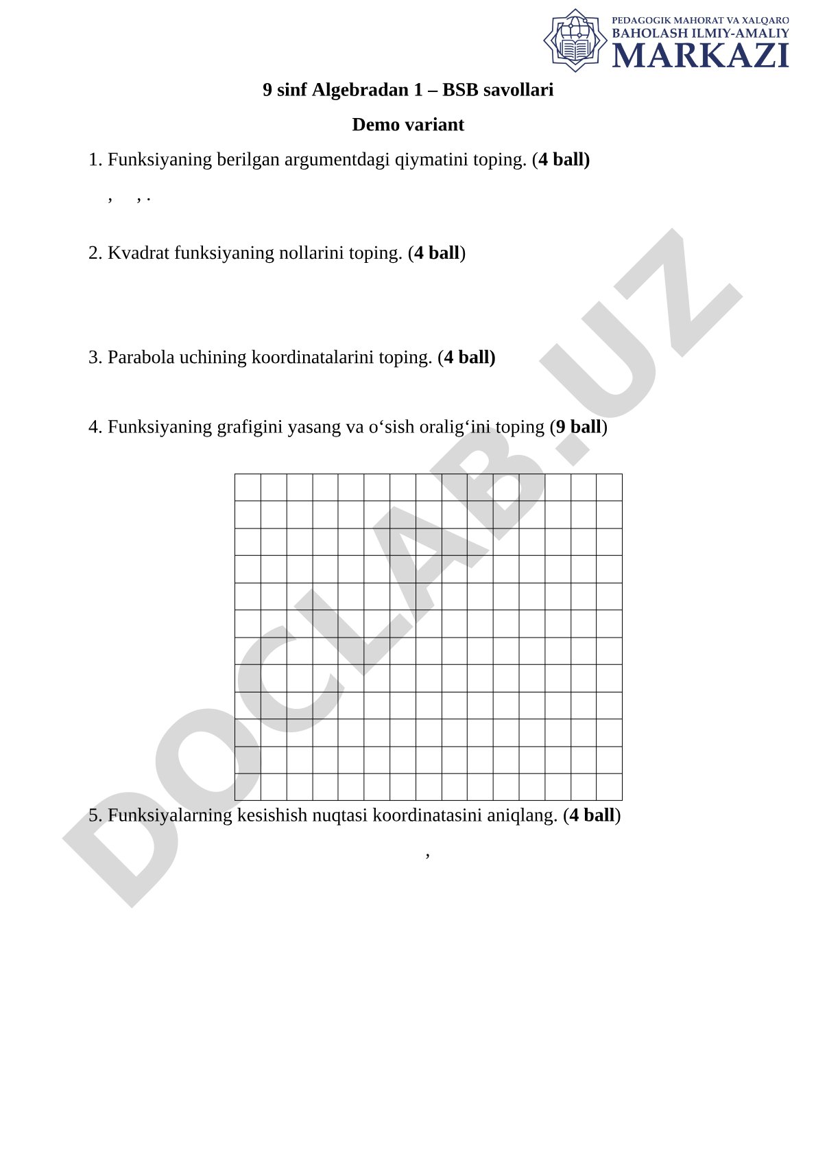 9-sinf algebra BSB savollari demo varianti