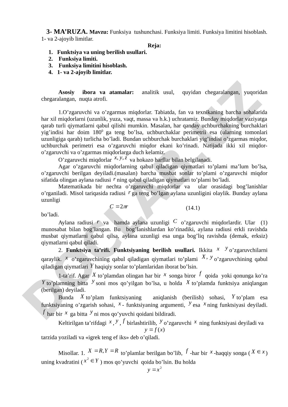 Funksiya tushunchasi. Funksiya limiti. Funksiya limitini hisoblash. 1- va 2-ajoyib limitlar.