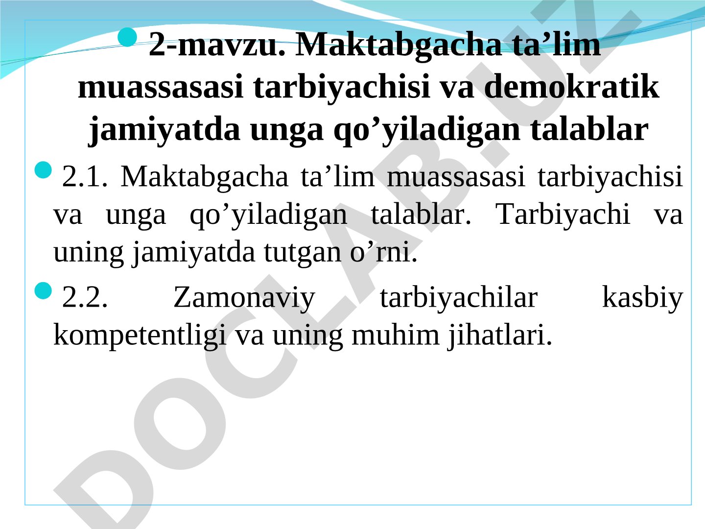 Maktabgacha ta’lim muassasasi tarbiyachisi va demokratik jamiyatda unga qo’yiladigan talablar