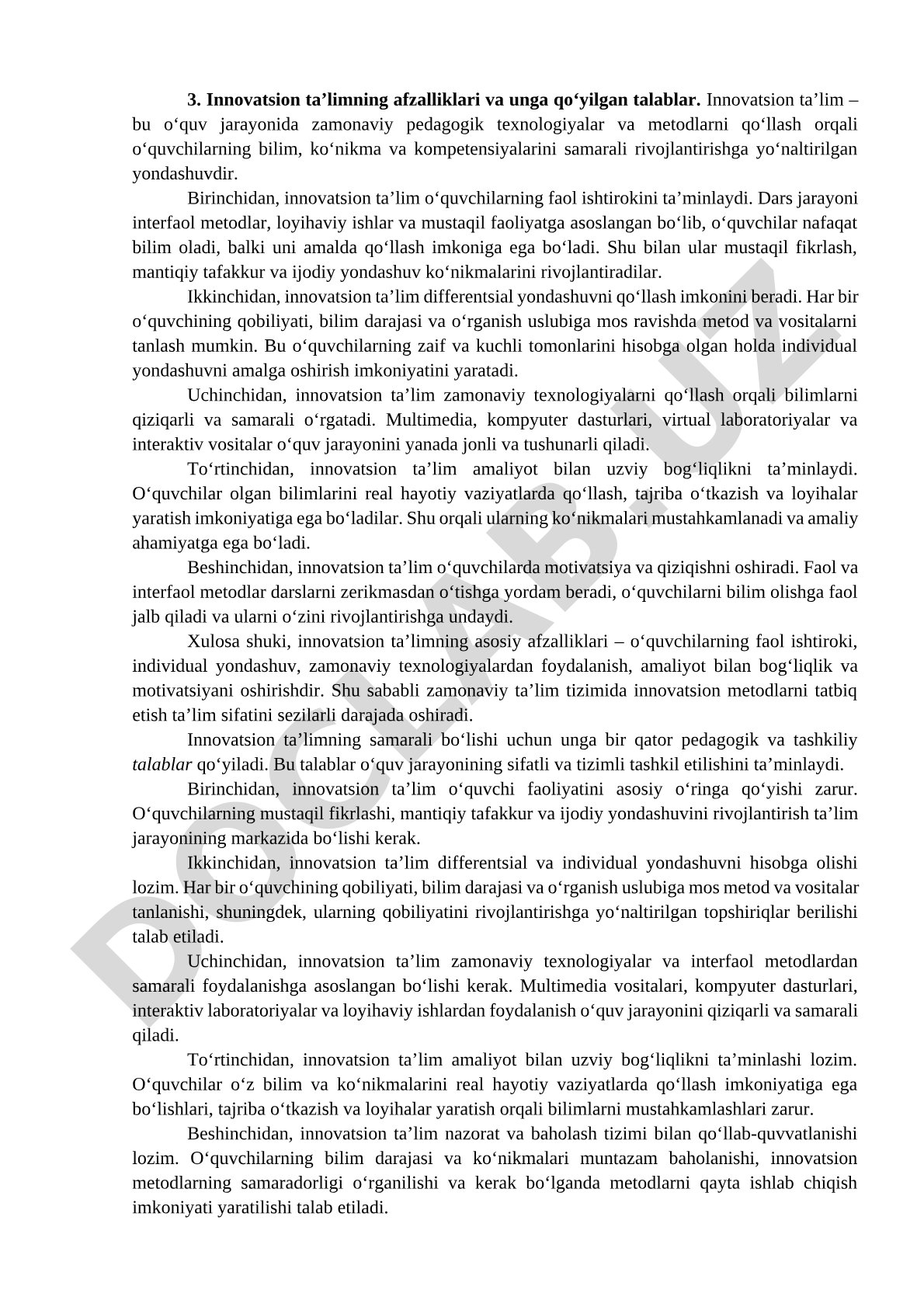 Innovatsion ta’limning afzalliklari va unga qo‘yilgan talablar