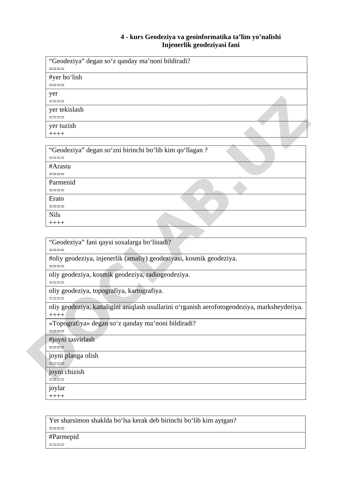 4 - kurs Geodeziya va geoinformatika ta’lim yo’nalishi Injenerlik geodeziyasi fani