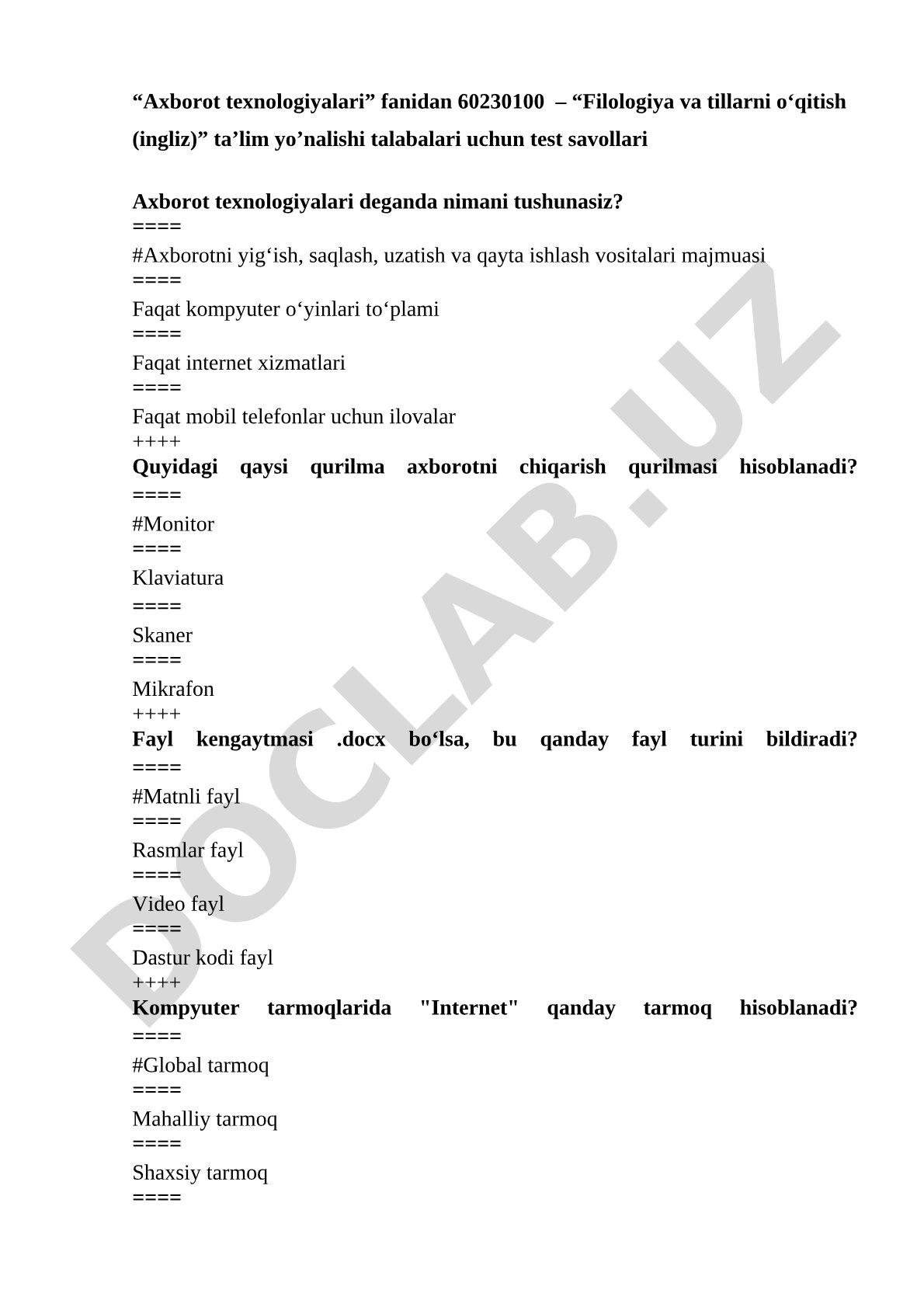 Axborot texnologiyalari fanidan test savollari