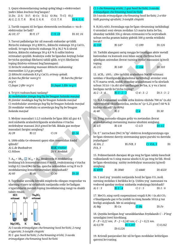 Kimyo fanidan test savollari