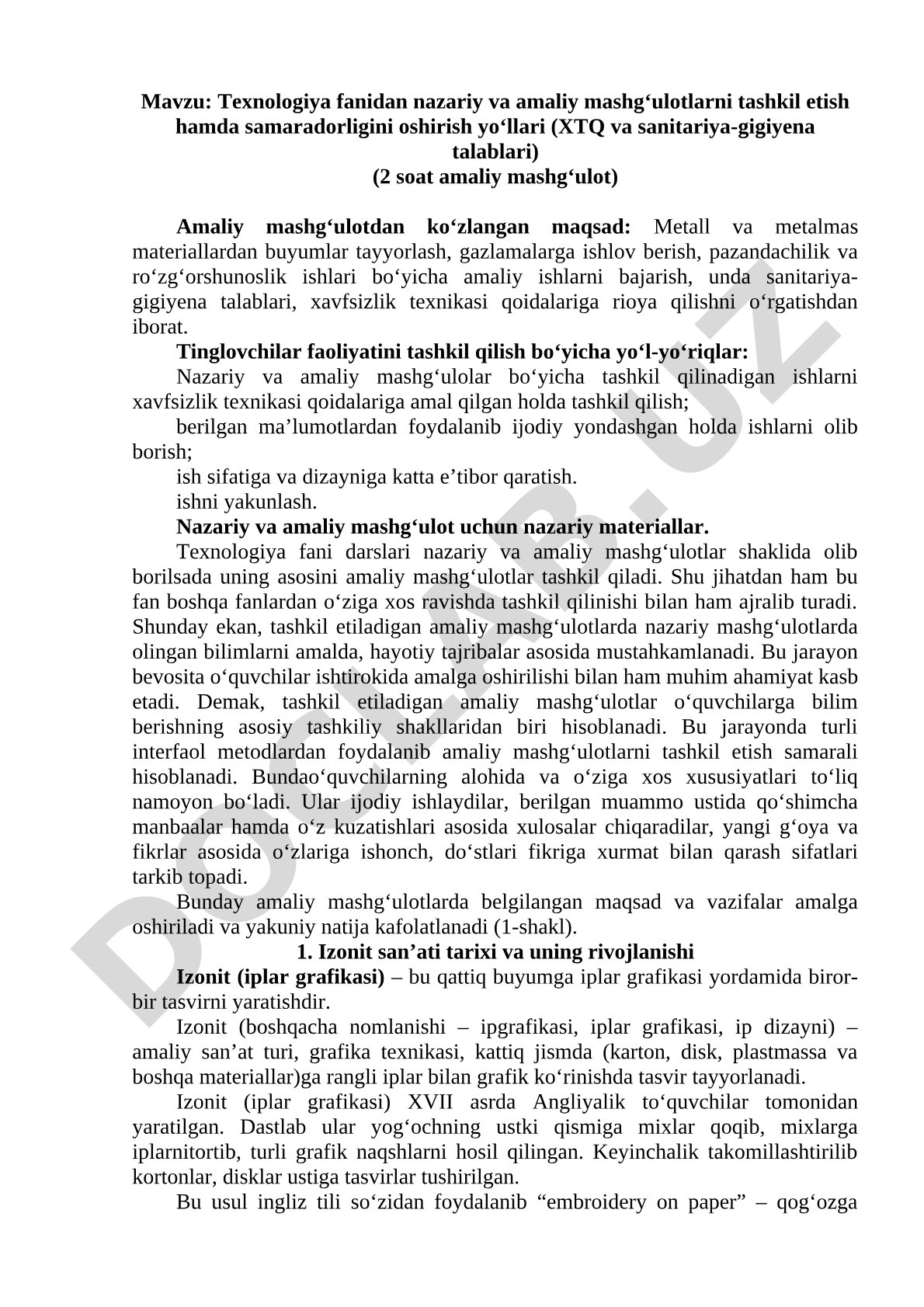Texnologiya fanidan nazariy va amaliy mashg'ulotlarni tashkil etish hamda samaradorligini oshirish yo'llari (XTQ va sanitariya-gigiyena talablari) (2 soat amaliy mashg'ulot)