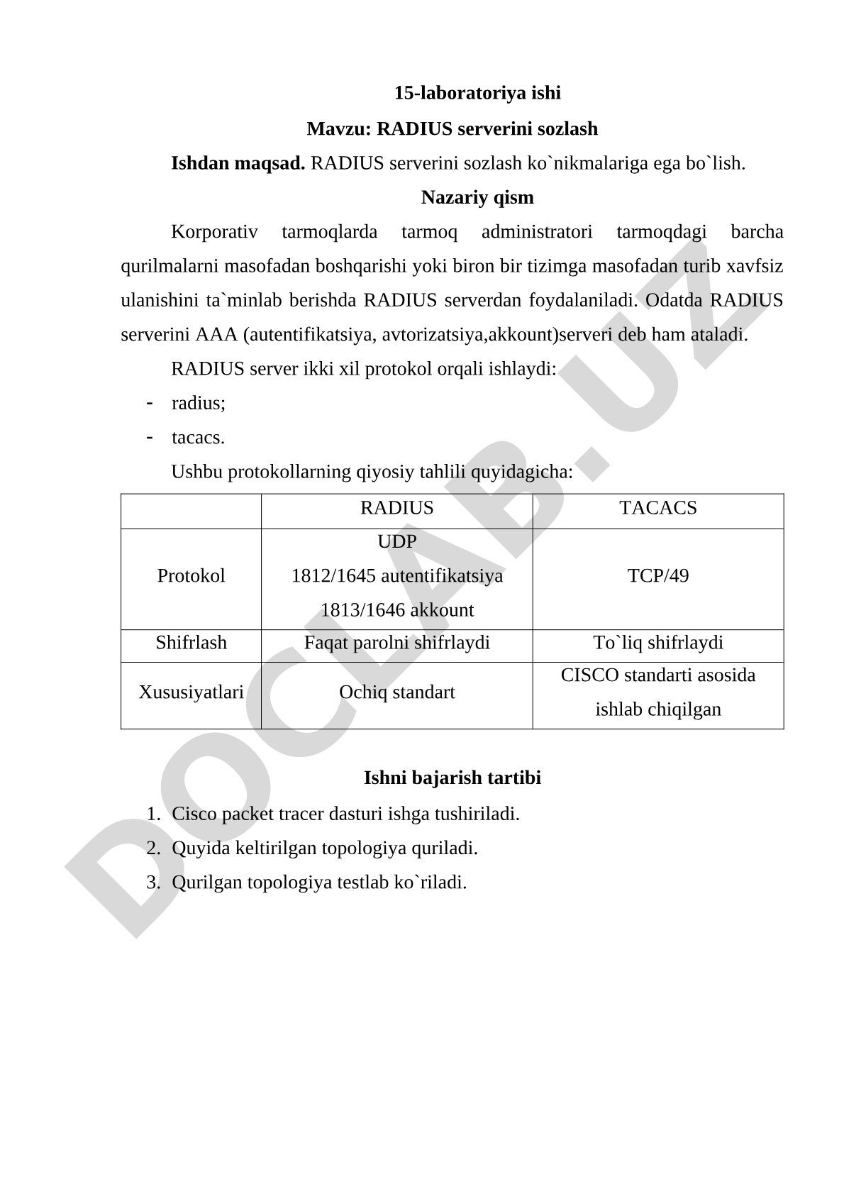 RADIUS serverini sozlash ko'nikmalariga ega bo'lish