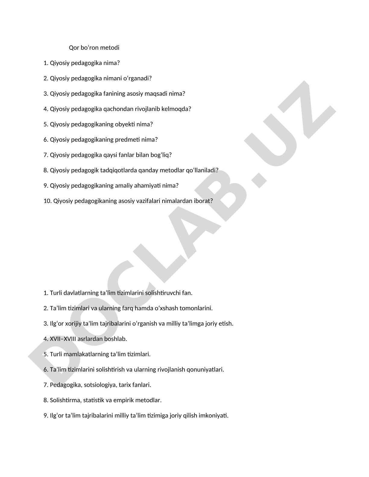 Qiyosiy pedagogika bo'yicha savol-javoblar
