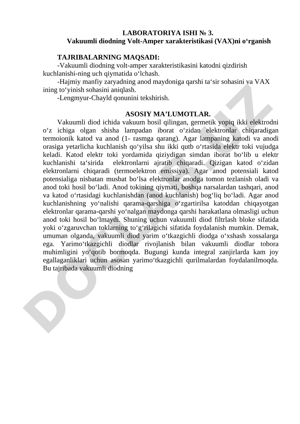 Laboratoriya ishi № 3. Vakuumli diodning Volt-Amper xarakteristikasi (VAX)ni oʻrganish