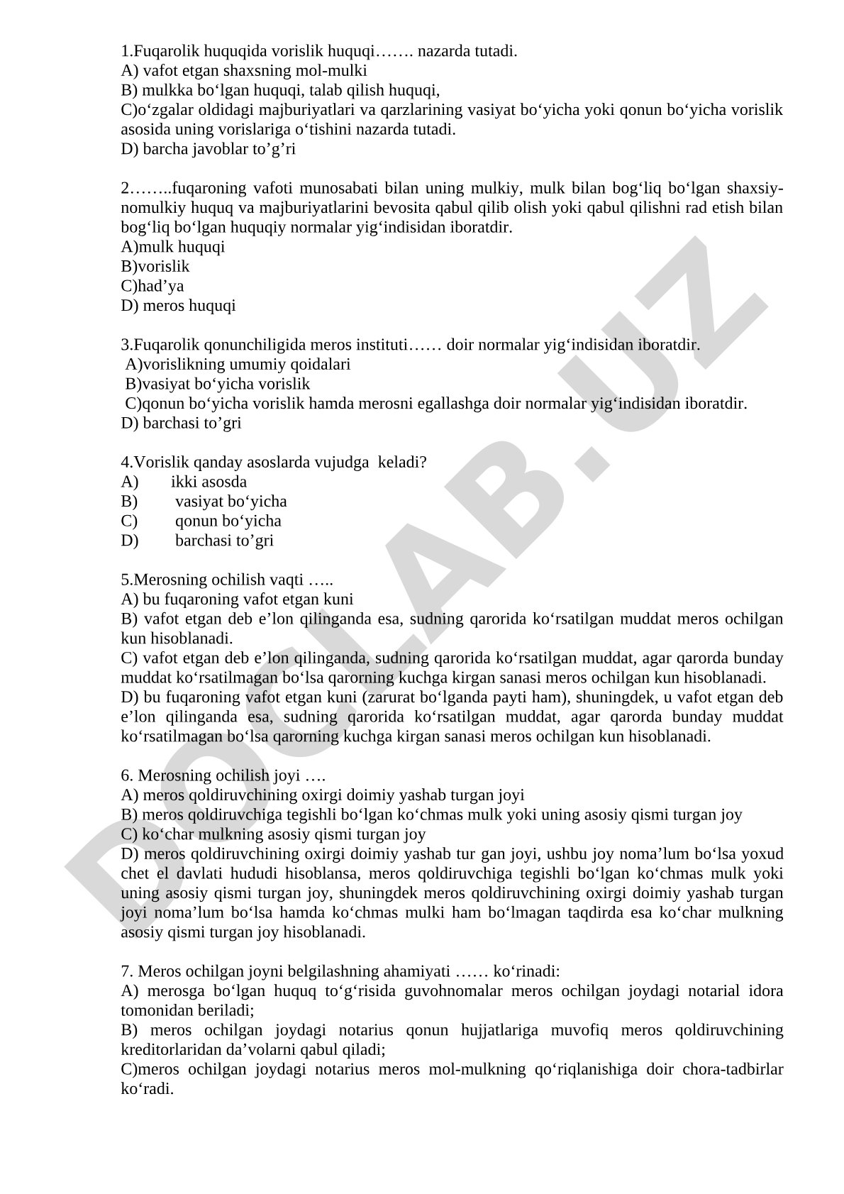 Fuqarolik huquqida vorislik huquqi bo'yicha test savollari