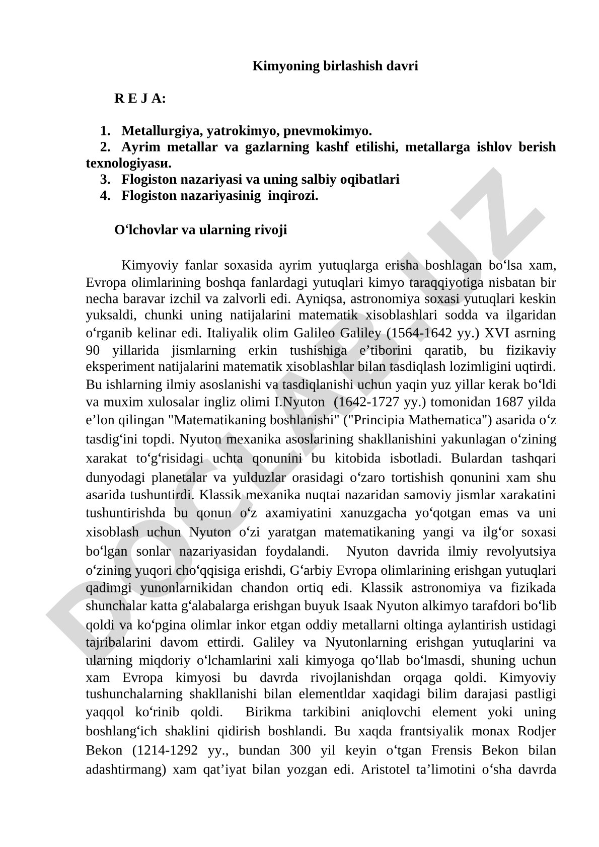Kimyoning birlashish davri: metallurgiya, yatrokimyo, pnevmokimyo, flogiston nazariyasi