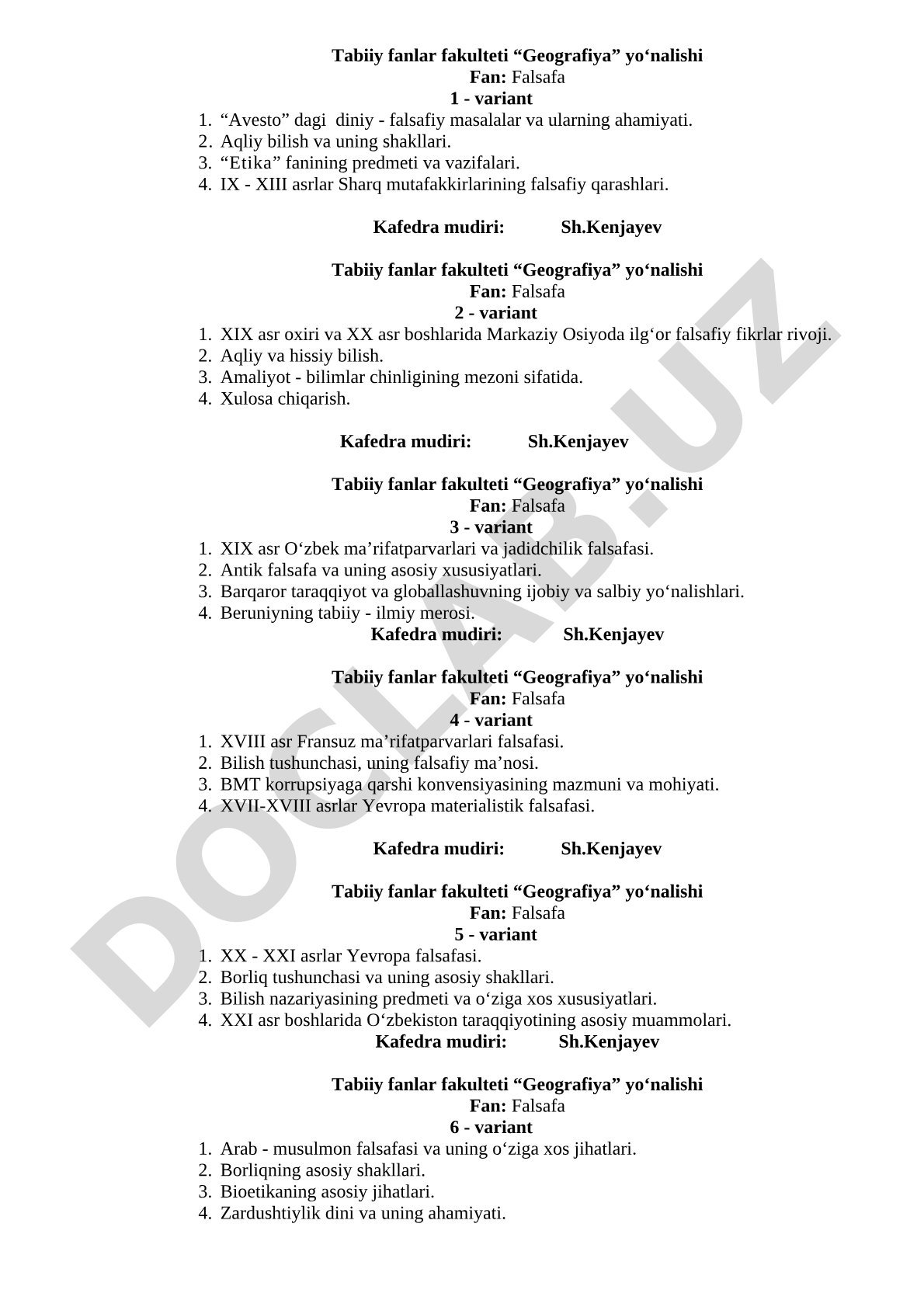 Falsafa fanidan imtihon savollari