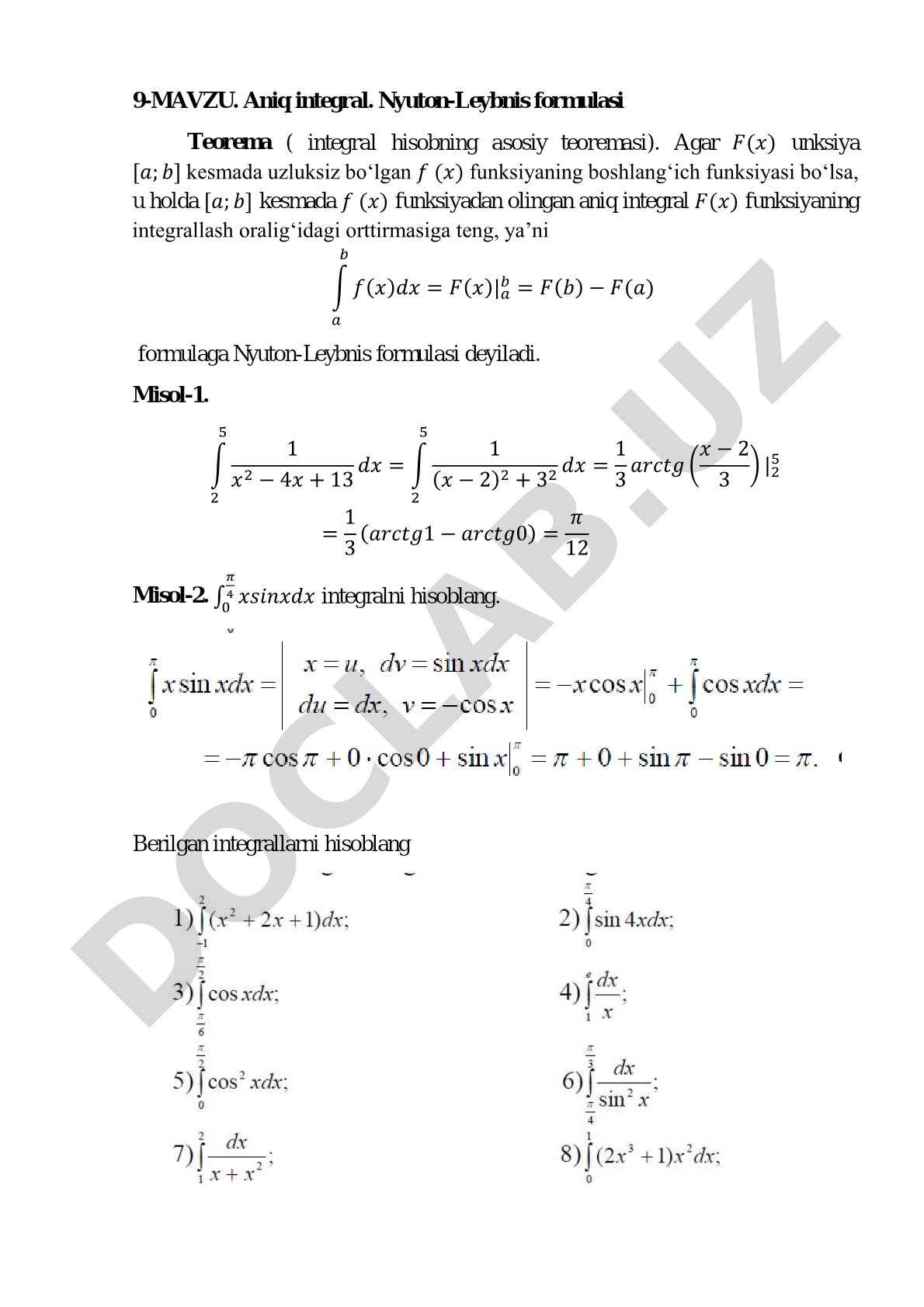 Aniq integral. Nyuton-Leybnis formulasi