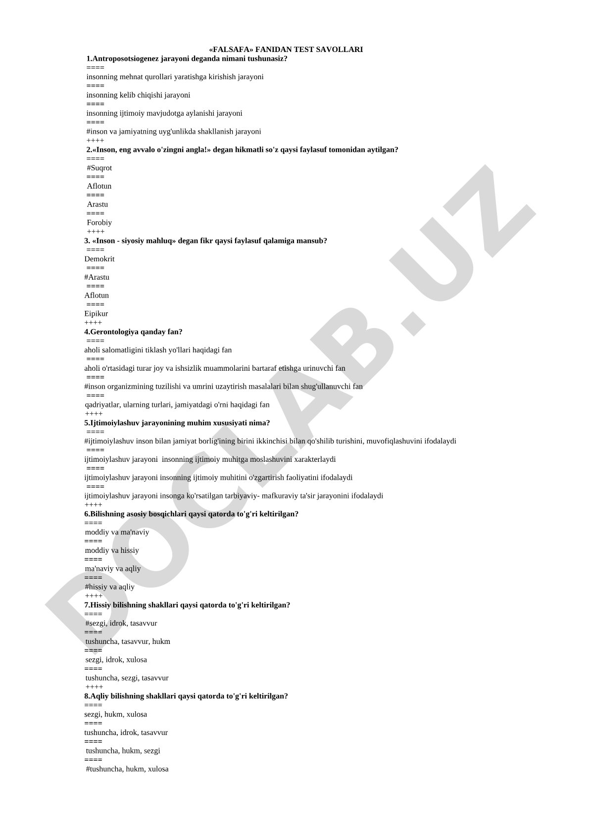 Falsafa fanidan test savollari