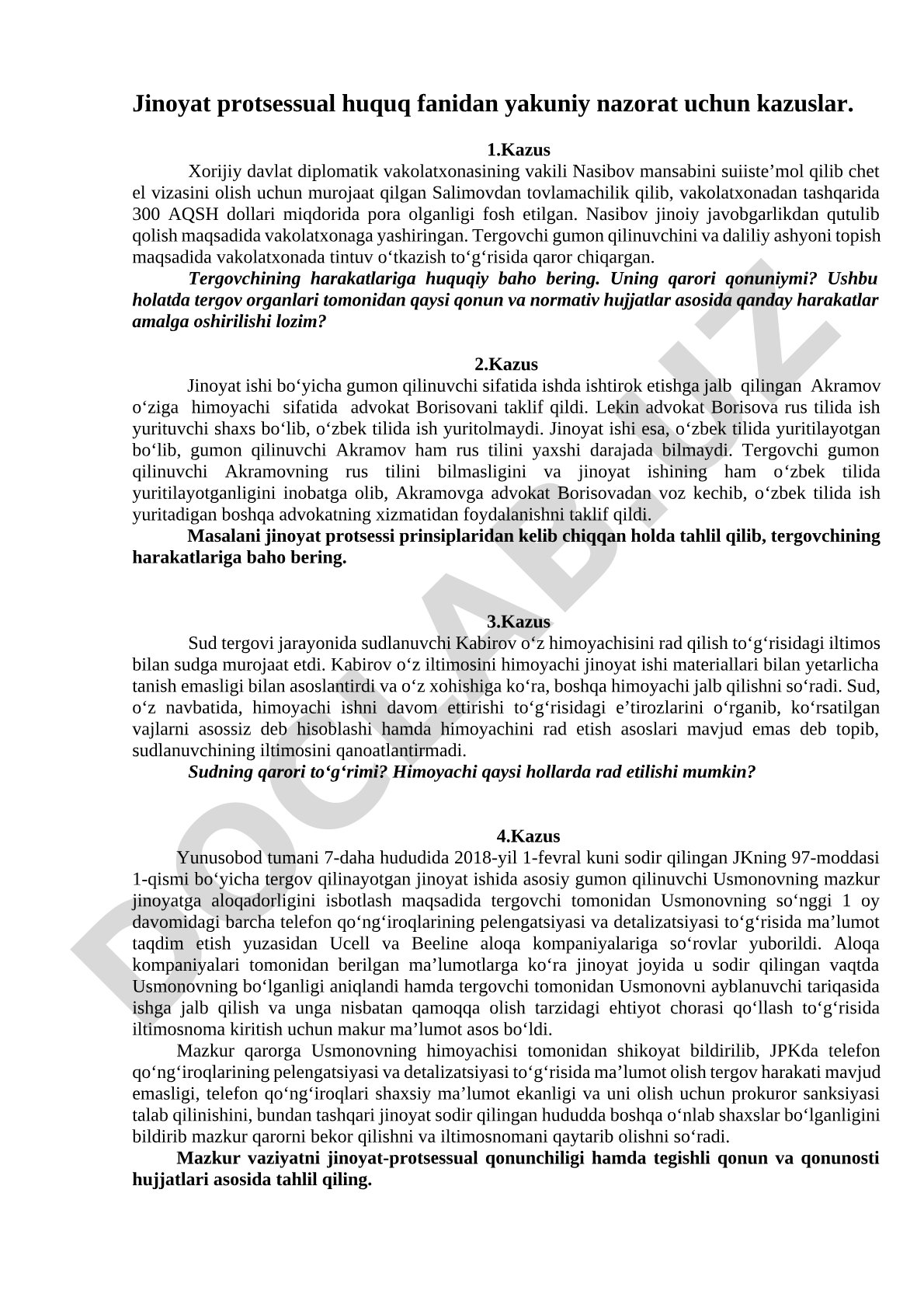 Jinoyat protsessual huquq fanidan yakuniy nazorat uchun kazuslar