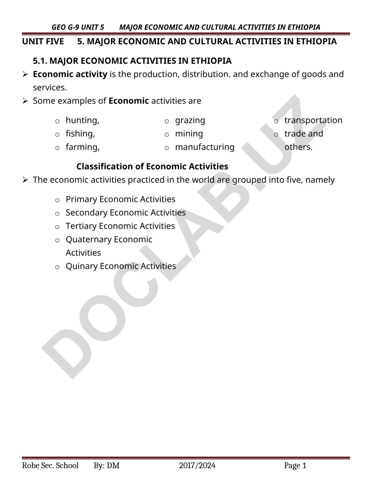 Major Economic and Cultural Activities in Ethiopia