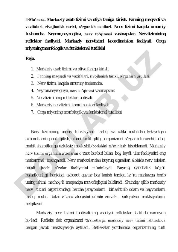 Markaziy asab tizimi va oliya faniga kirish