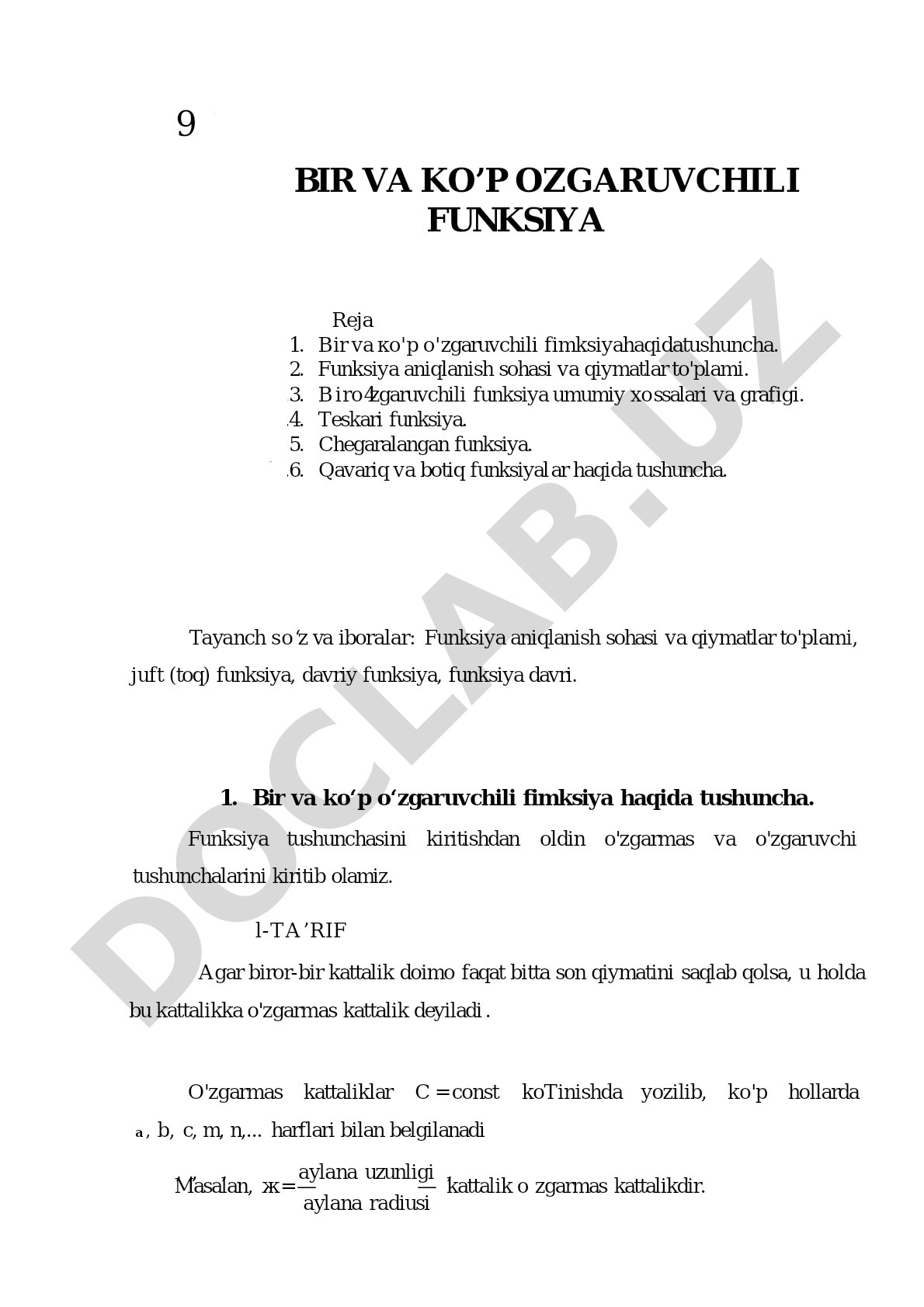 Bir va ko’p ozgaruvchili funksiya