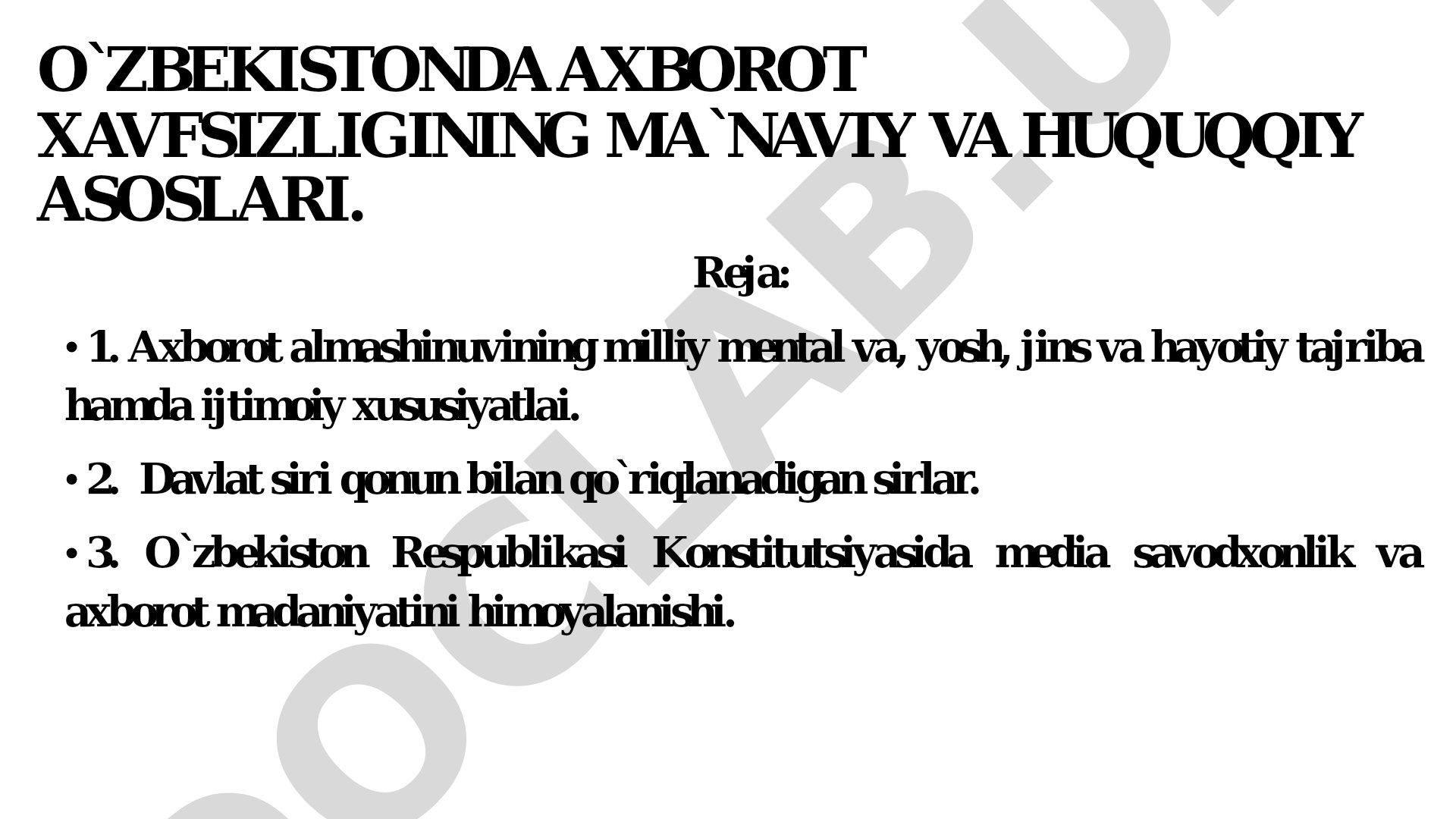 O`ZBEKISTONDA AXBOROT XAVFSIZLIGINING MA`NAVIY VA HUQUQQIY ASOSLARI