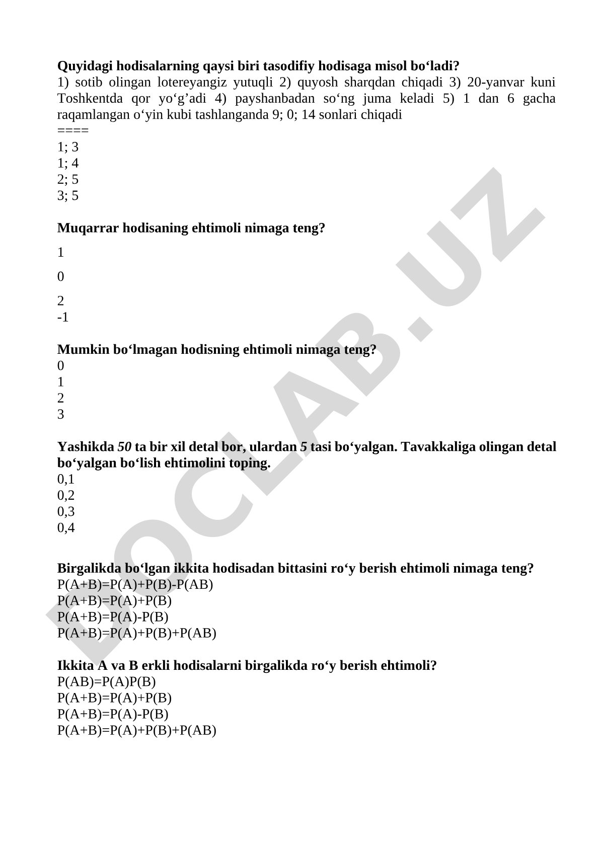 Ehtimollar nazariyasiga oid test savollari