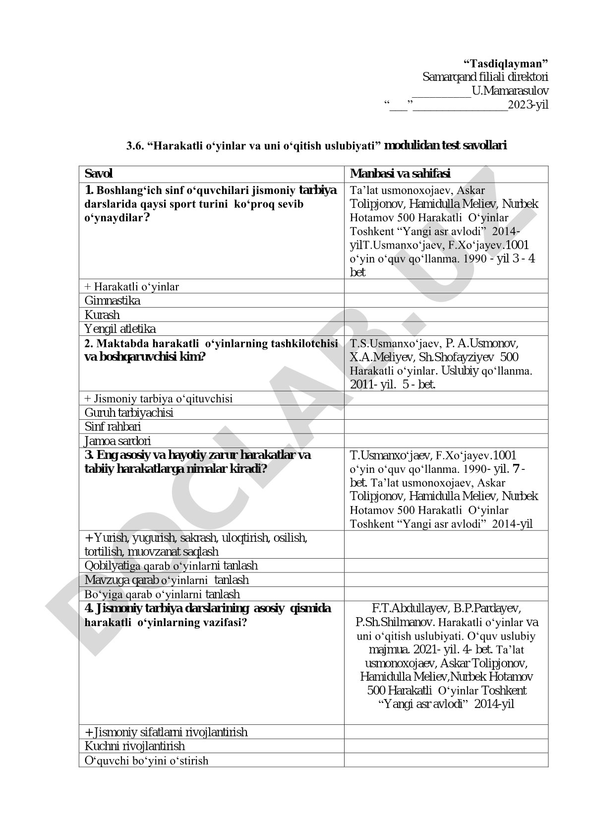 Harakatli o‘yinlar va uni o‘qitish uslubiyati modulidan test savollari
