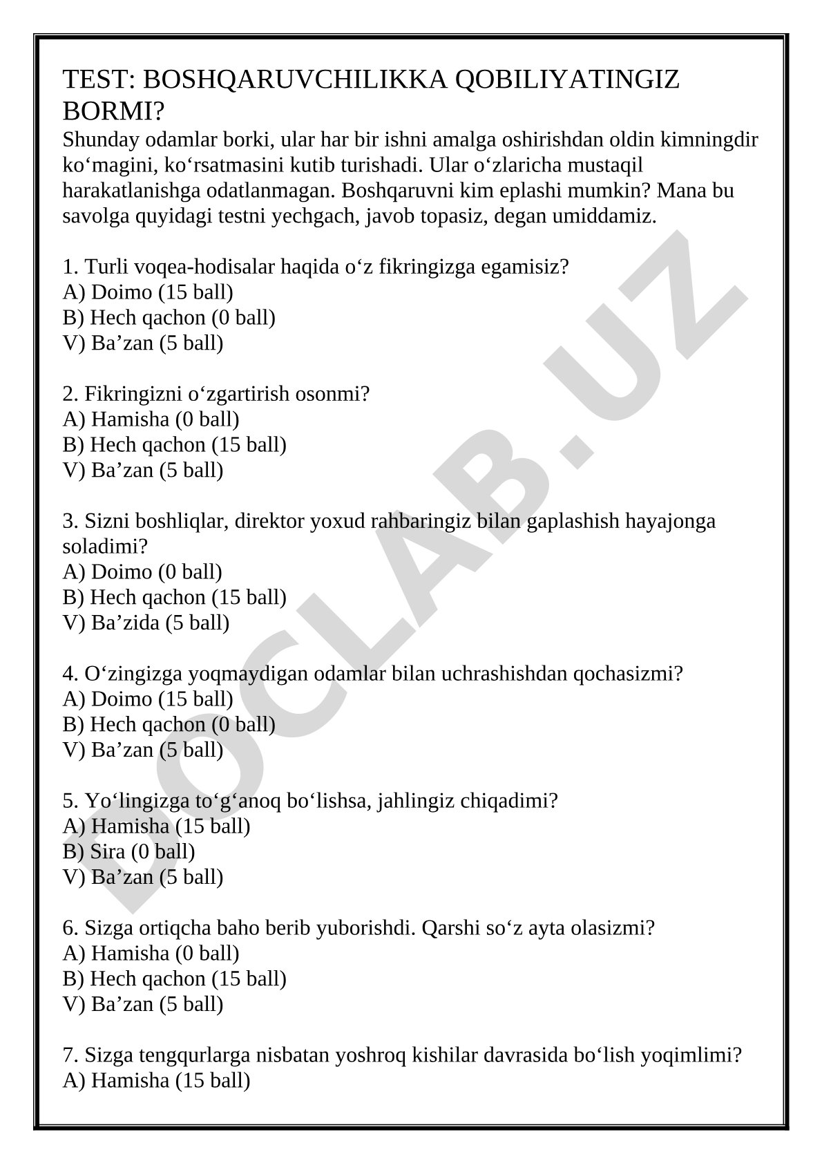 Test: Boshqaruvchilikka qobiliyatingiz bormi?