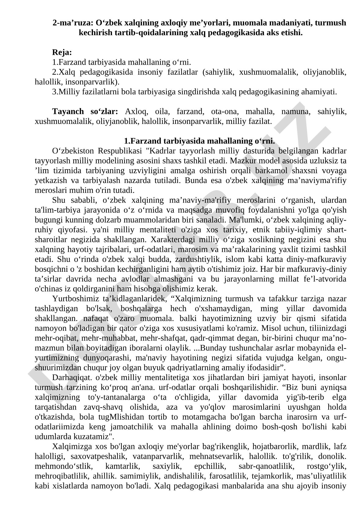 O‘zbek xalqining axloqiy me’yorlari, muomala madaniyati, turmush kechirish tartib-qoidalarining xalq pedagogikasida aks etishi