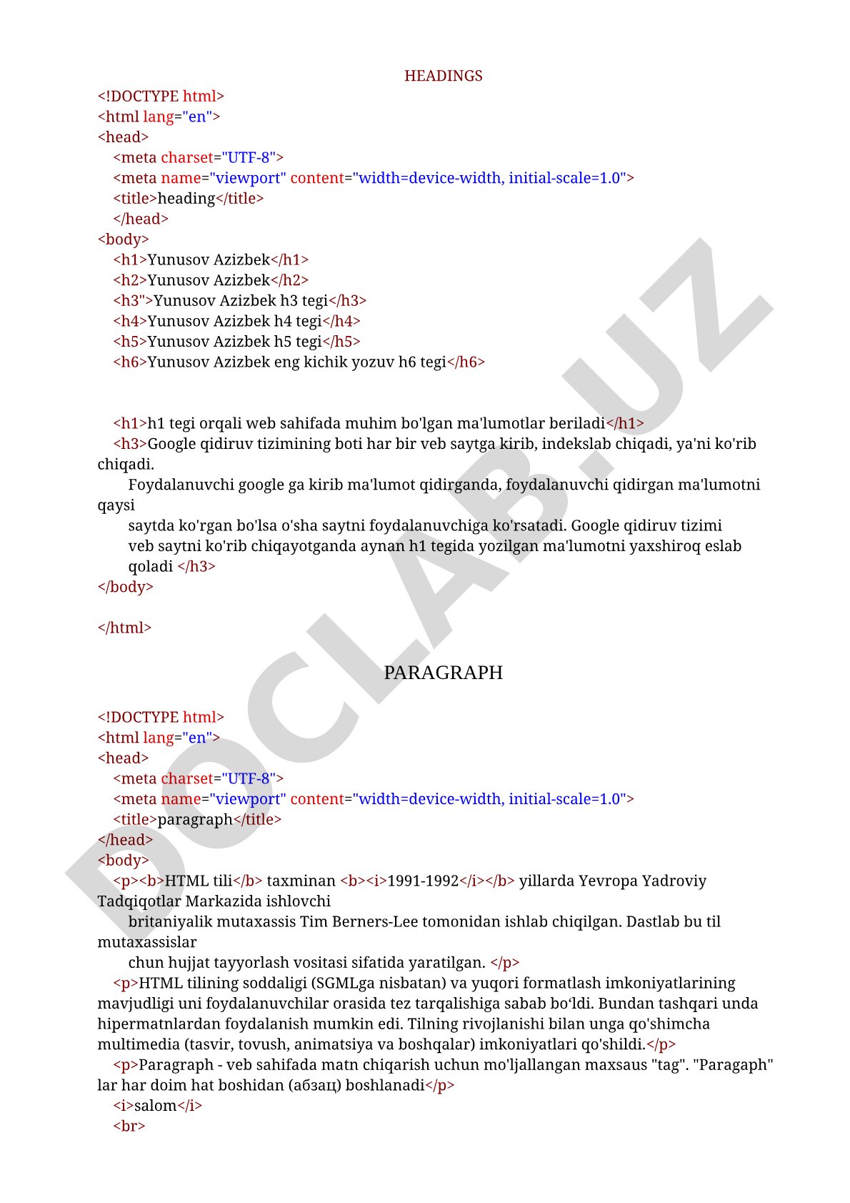 HTML sarlavha teglari (h1-h6) va paragraf tegi