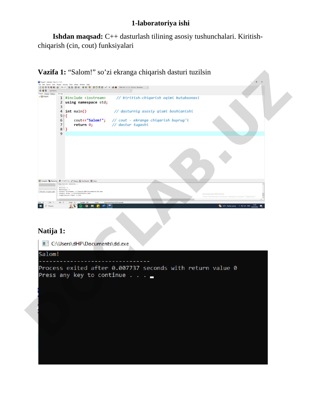 C++ dasturlash tilida kiritish-chiqarish operatorlari