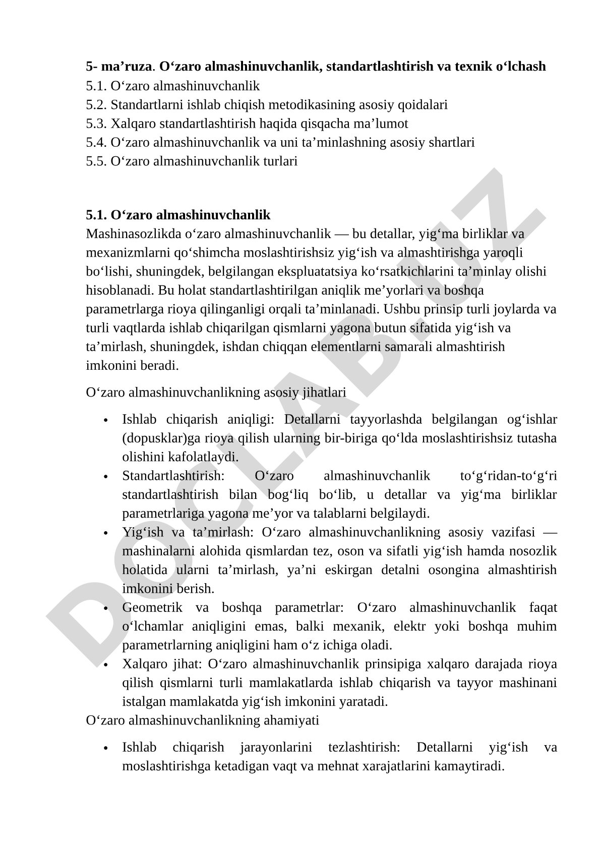 O‘zaro almashinuvchanlik, standartlashtirish va texnik o‘lchash