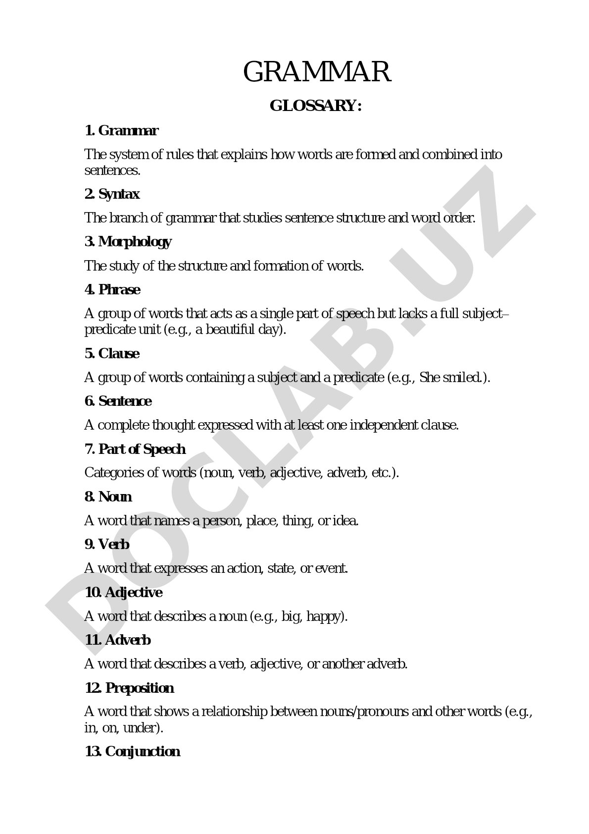 Glossary defining key grammar terms like syntax, morphology, and parts of speech