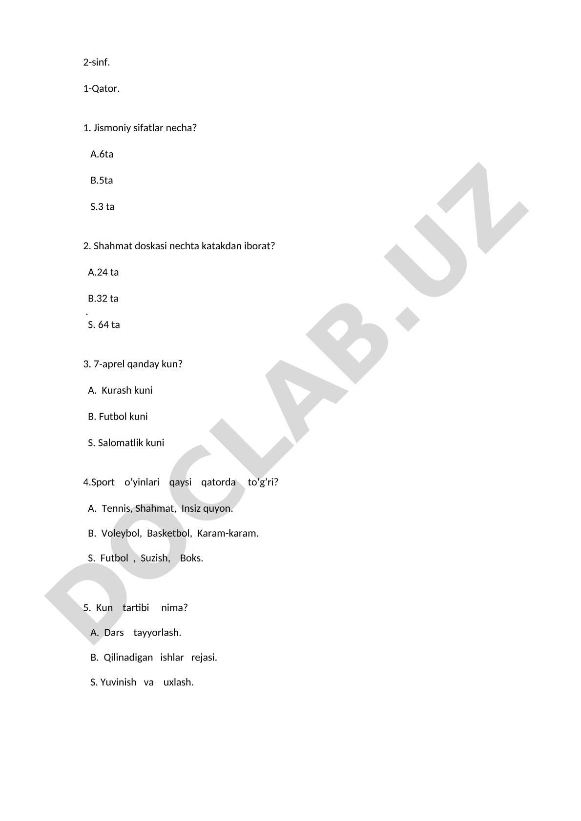 Jismoniy tarbiya 2-3 sinflar test savollari