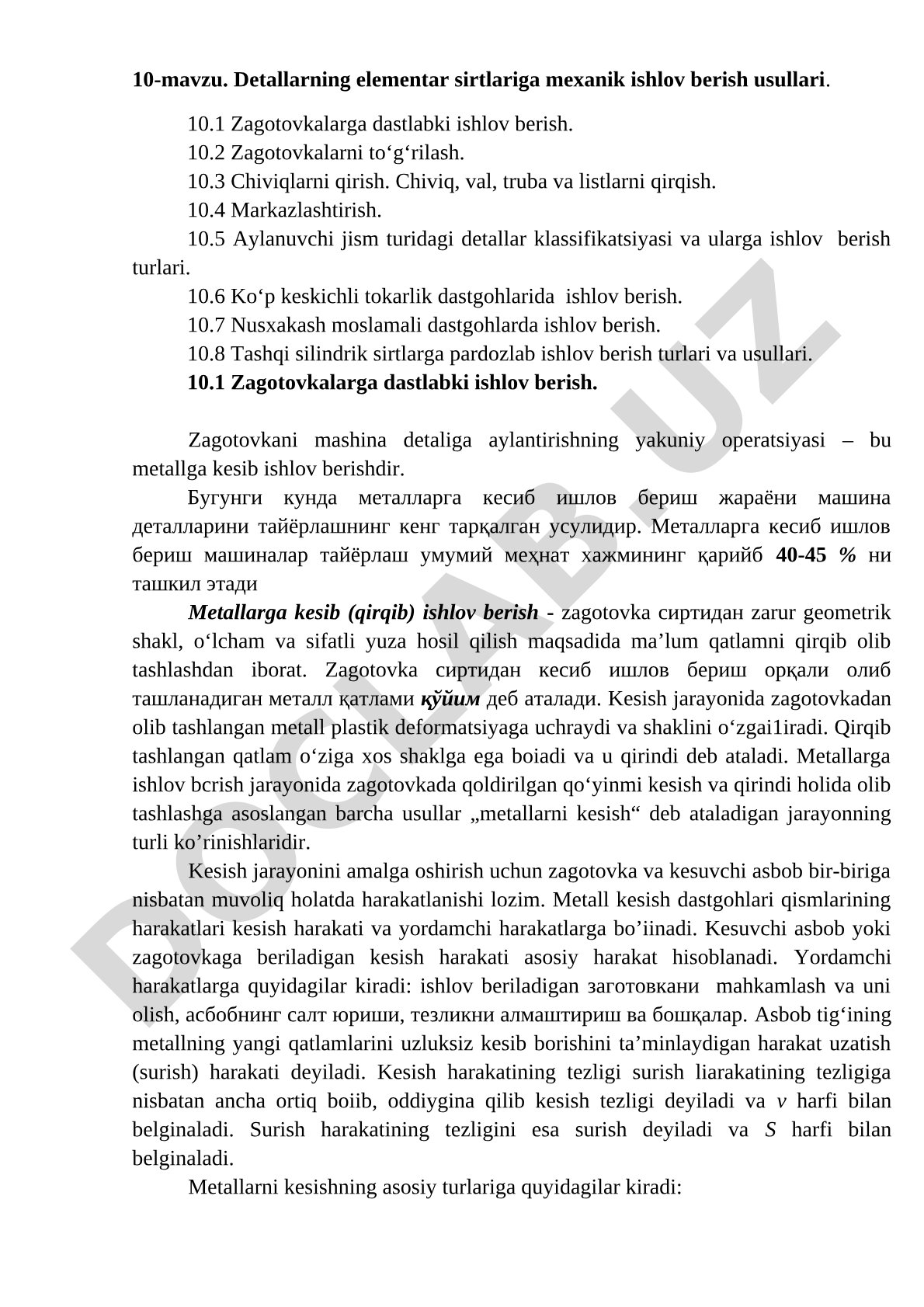 Detallarning elementar sirtlariga mexanik ishlov berish usullari