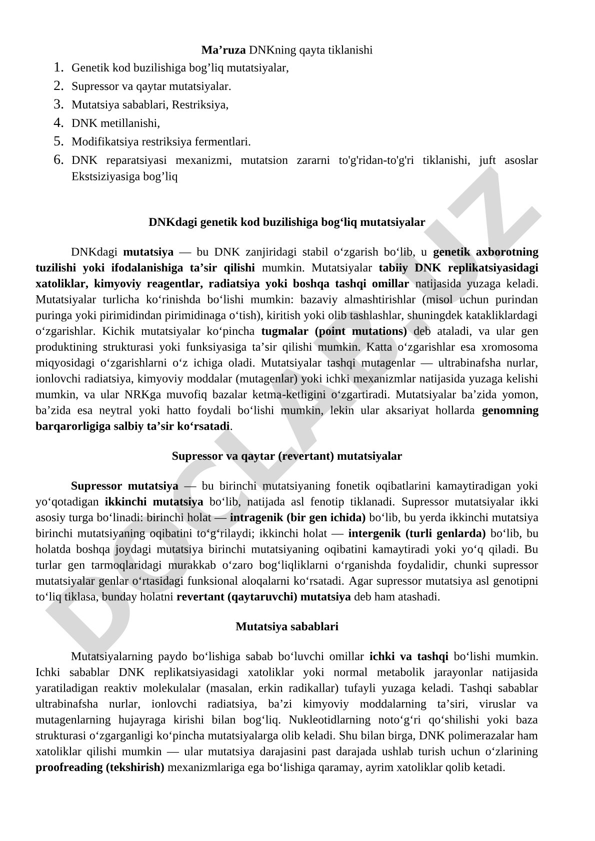 DNK reparatsiyasi va mutatsiyalar sabablari haqida ma'ruza