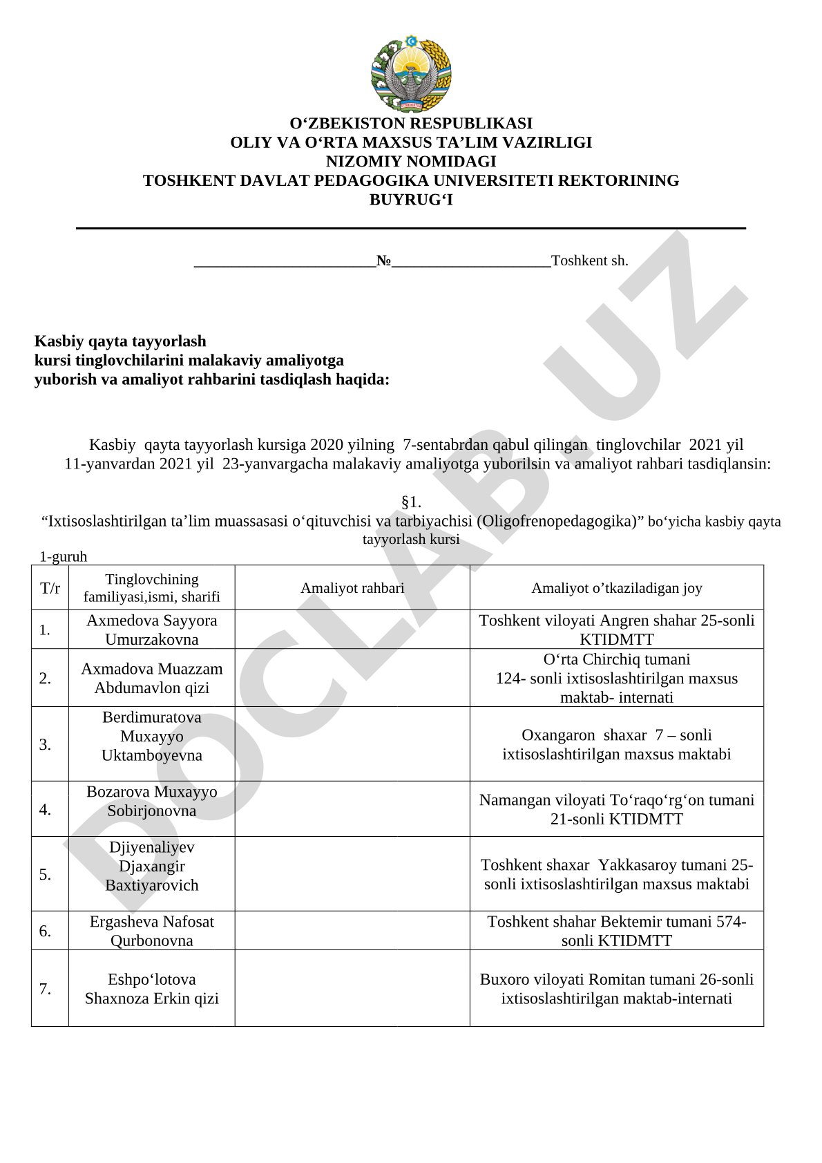Kasbiy qayta tayyorlash kursi tinglovchilarini malakaviy amaliyotga yuborish