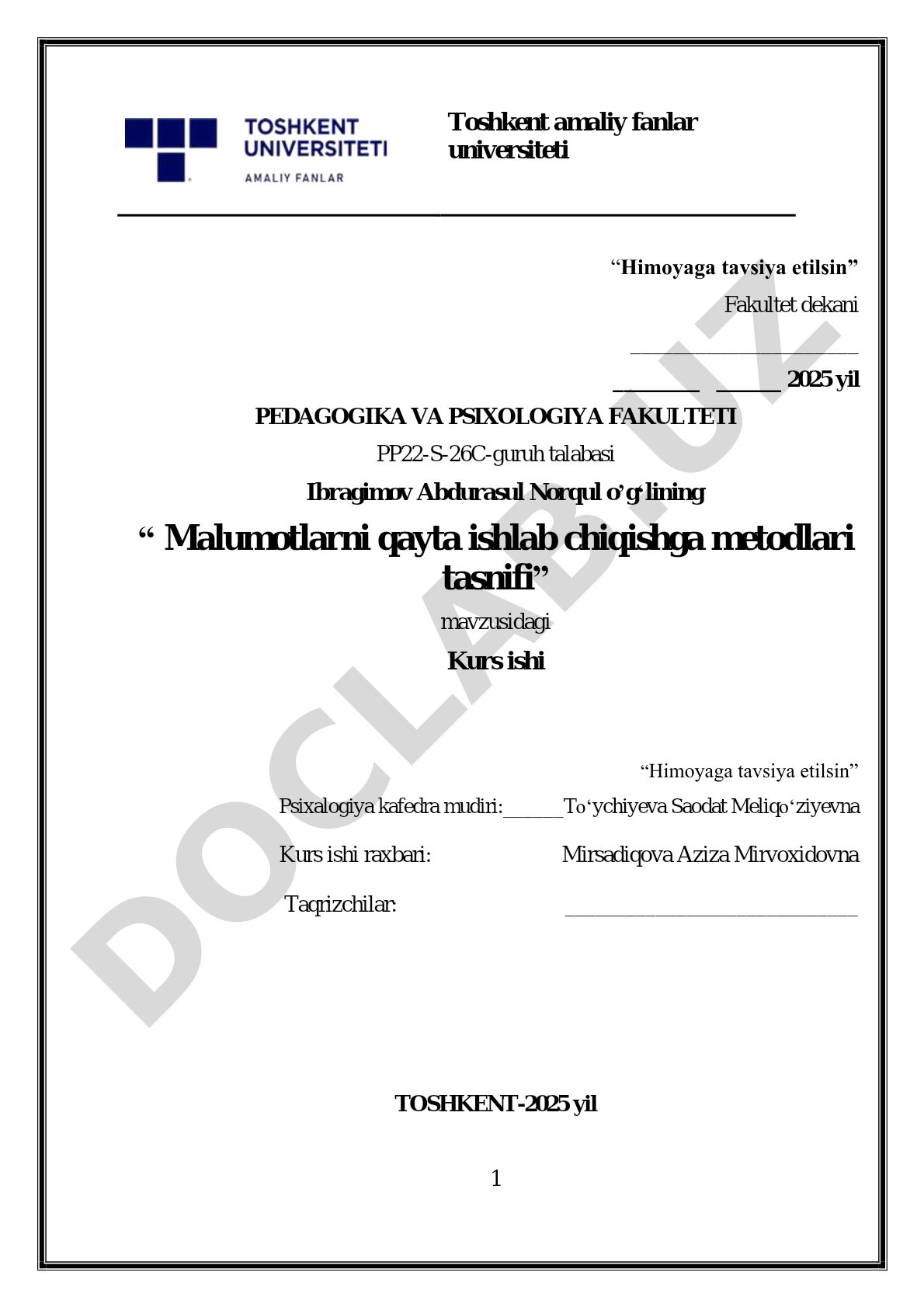 Malumotlarni qayta ishlab chiqishga metodlari tasnifi